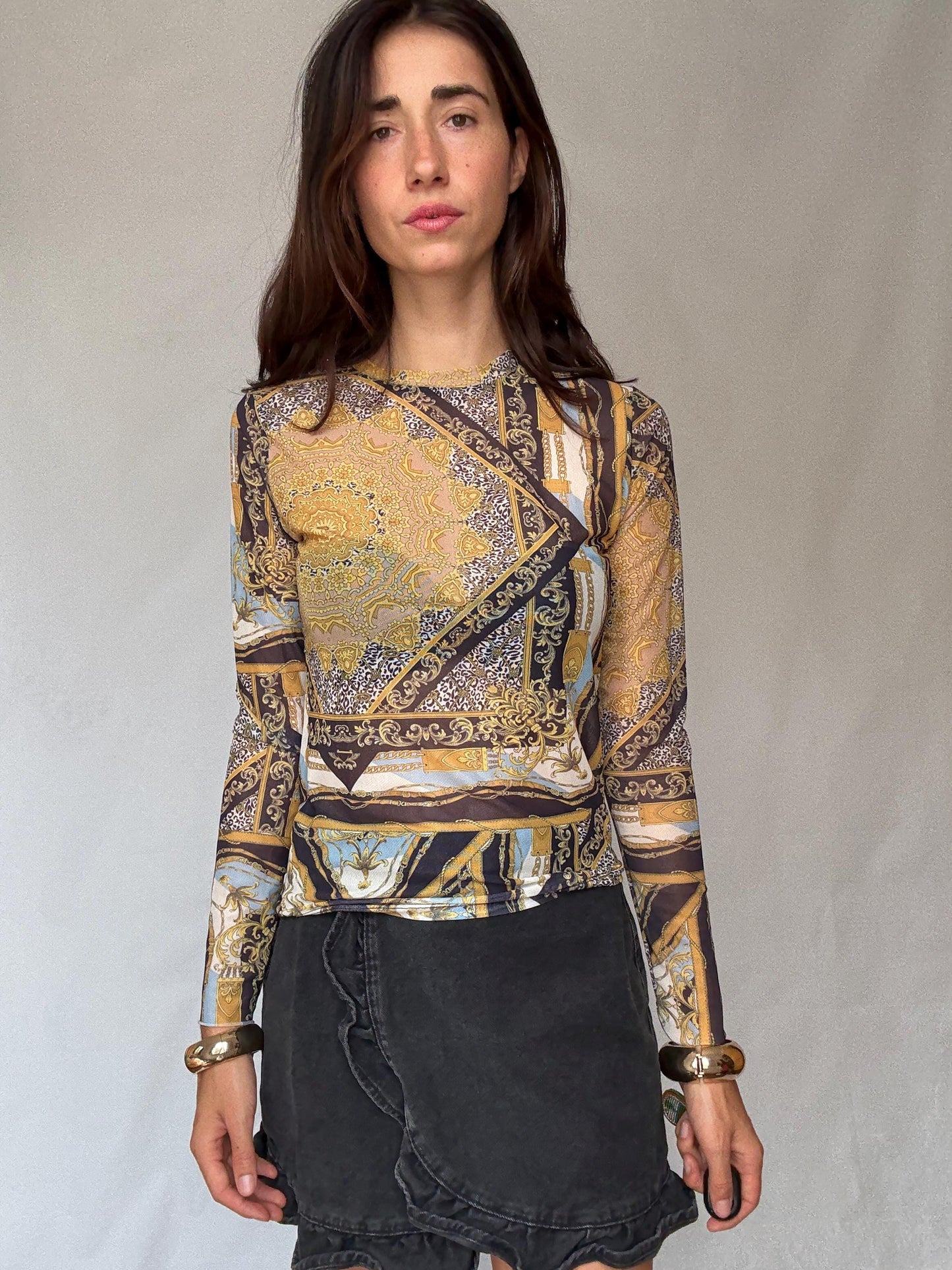 Y2K sheer baroque print mesh long sleeve women’s top – gold black blue vintage style (US S-M fit)