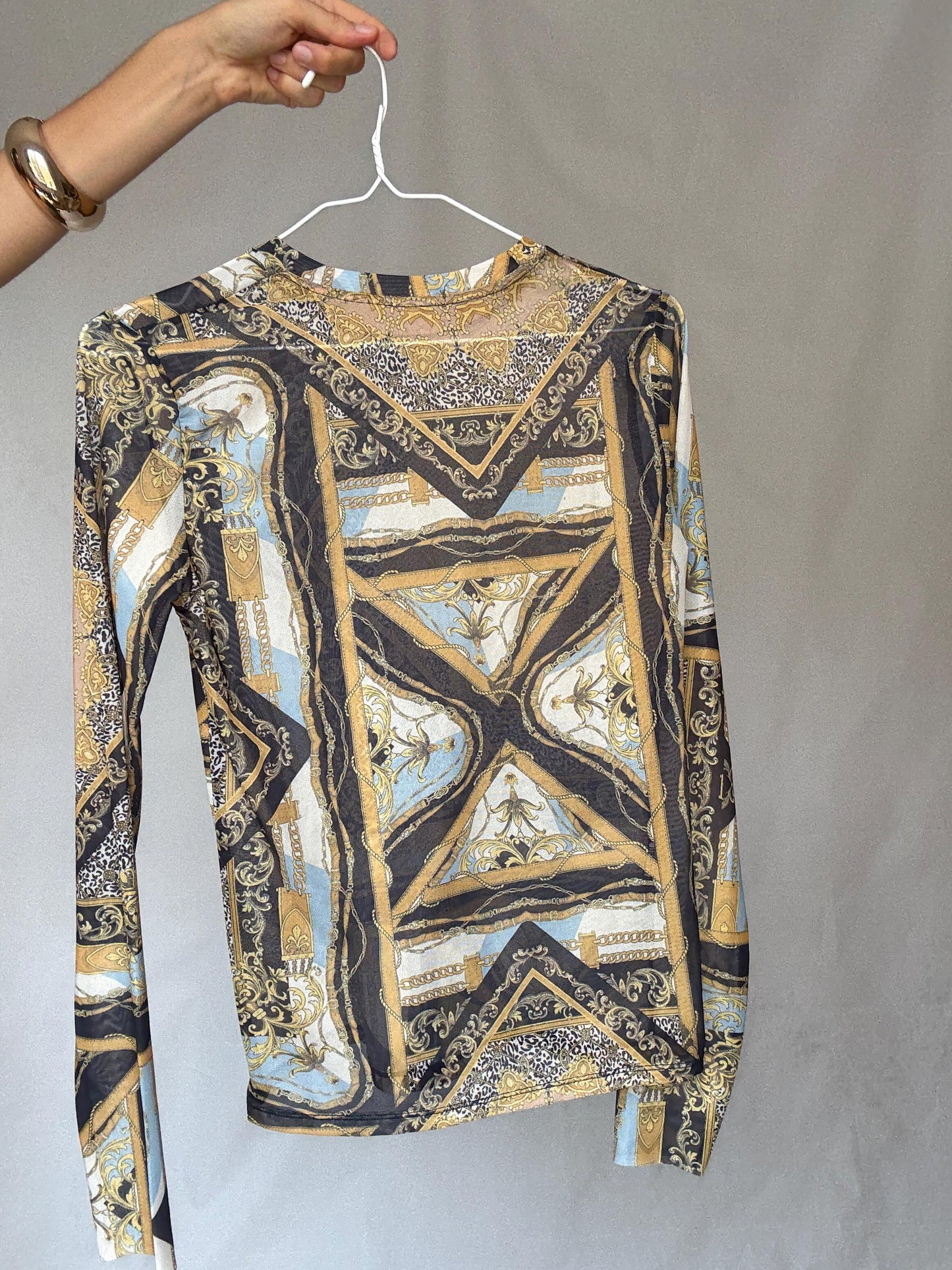 Y2K sheer baroque print mesh long sleeve women’s top – gold black blue vintage style (US S-M fit)