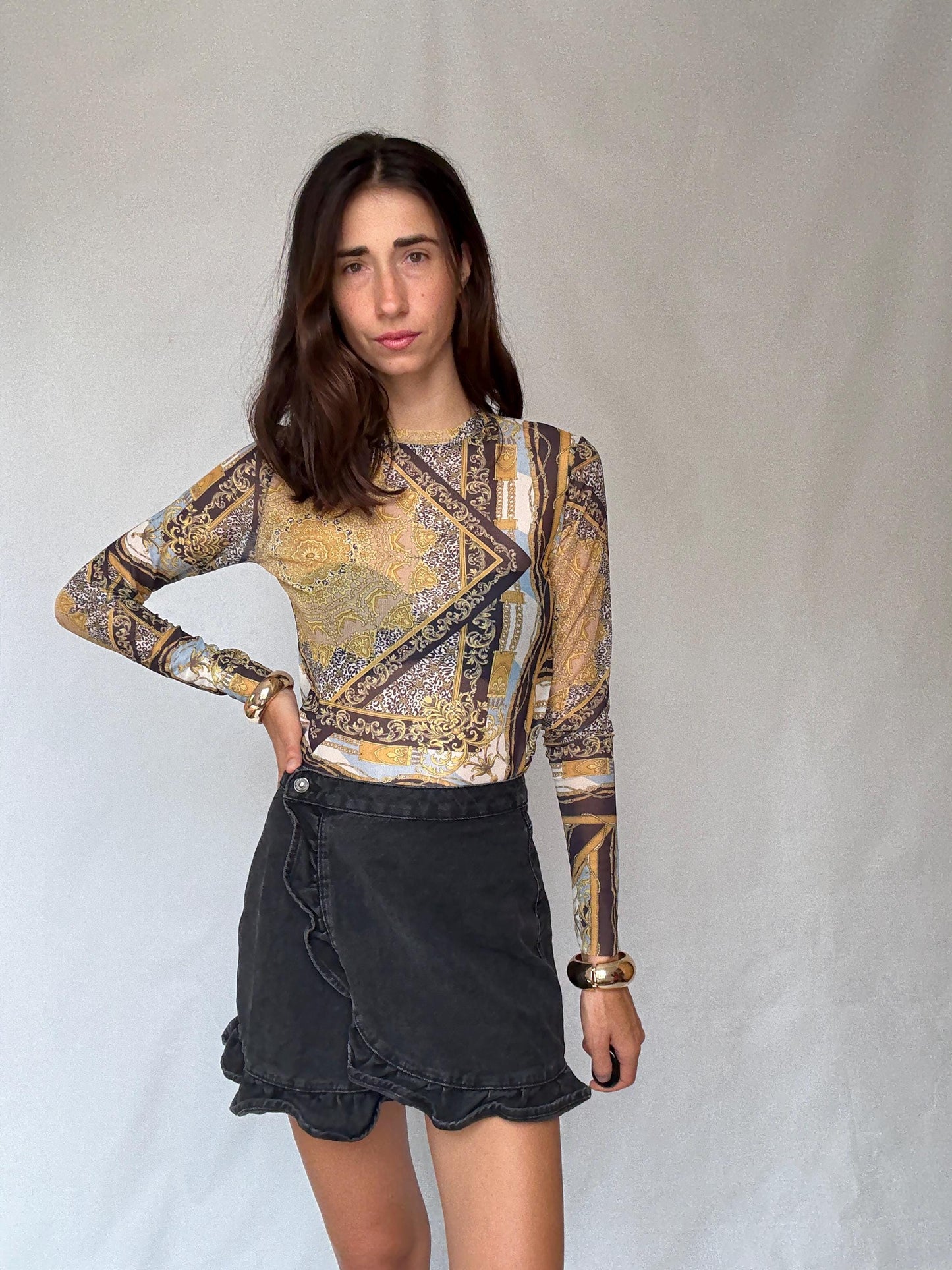 Y2K sheer baroque print mesh long sleeve women’s top – gold black blue vintage style (US S-M fit)