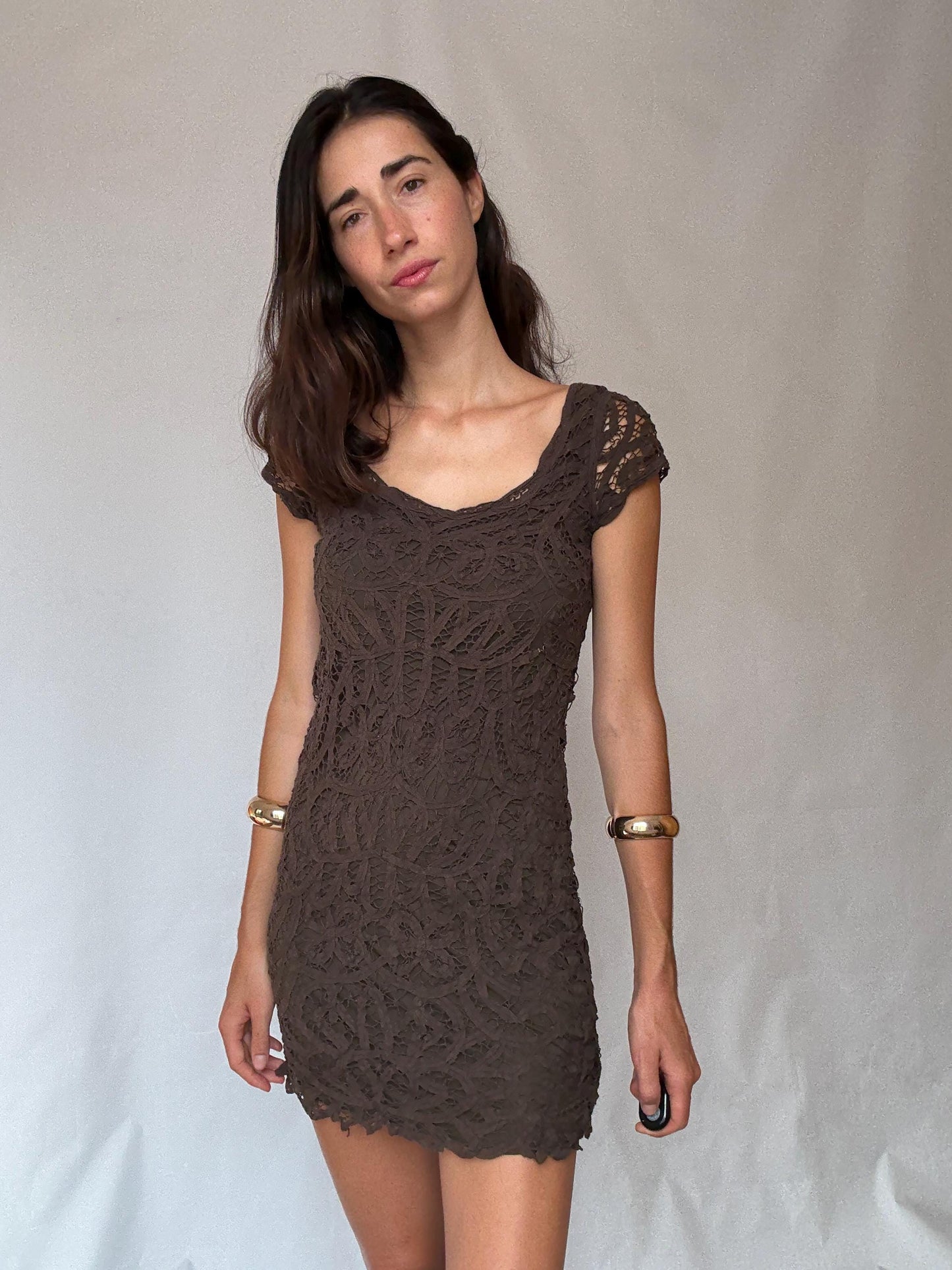 Brown lace mini dress – sheer crochet overlay – Sexy women’s party dress (S fit)