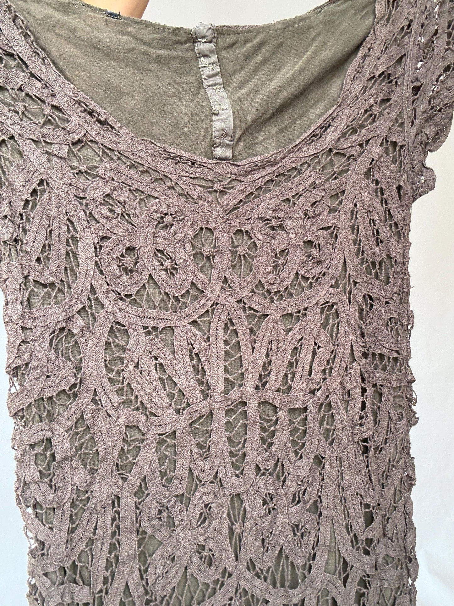 Brown lace mini dress – sheer crochet overlay – Sexy women’s party dress (S fit)