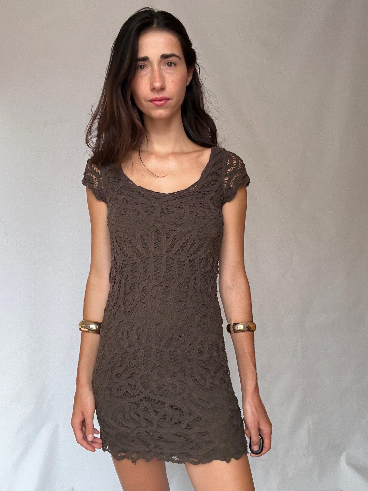 Brown lace mini dress – sheer crochet overlay – Sexy women’s party dress (S fit)