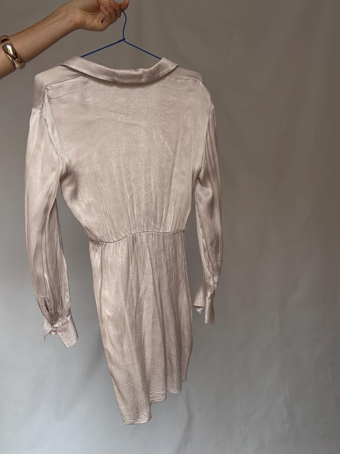 Champagne satin wrap mini dress – long sleeve collared dress – elegant evening outfit, Size 36 - 38