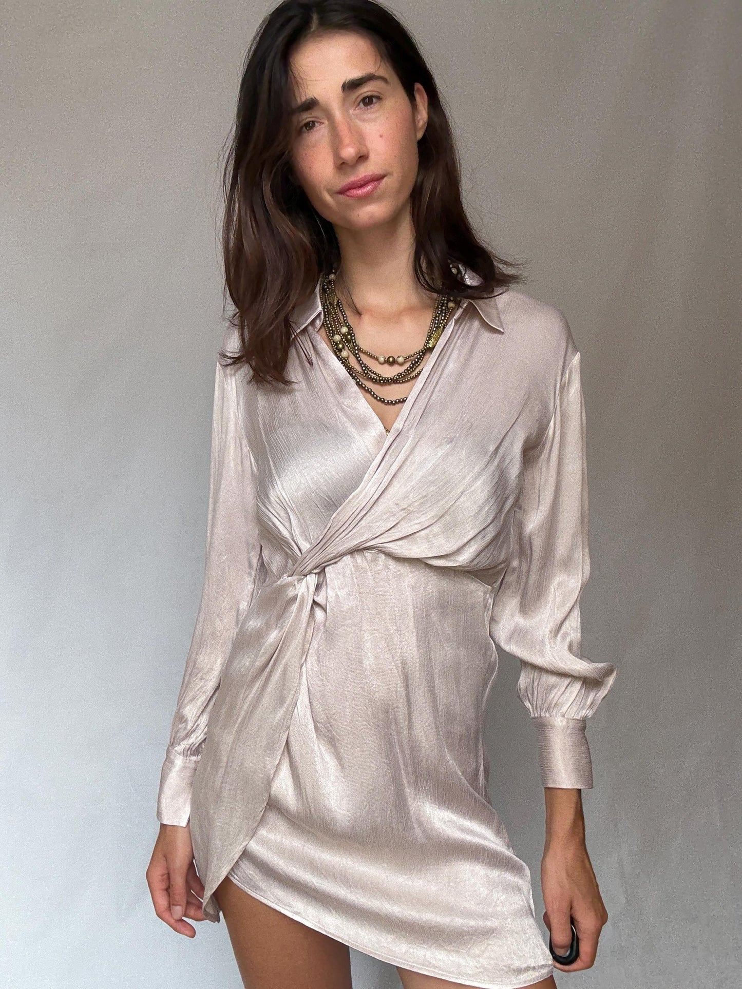 Champagne satin wrap mini dress – long sleeve collared dress – elegant evening outfit, Size 36 - 38