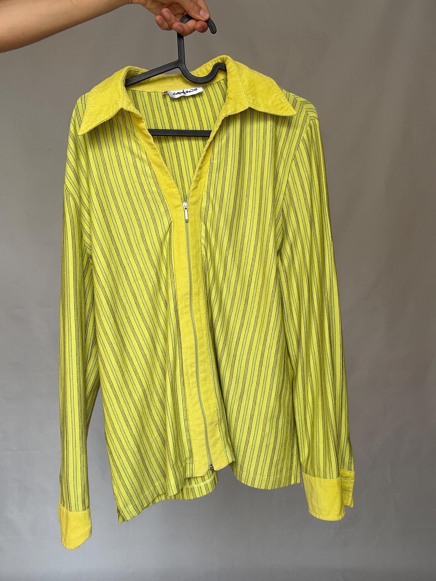 Y2K Lime Zip Shirt | Vintage Green Striped Zip-Up Blouse | 2000s Paris Hilton Meets Indie Sleaze Energy