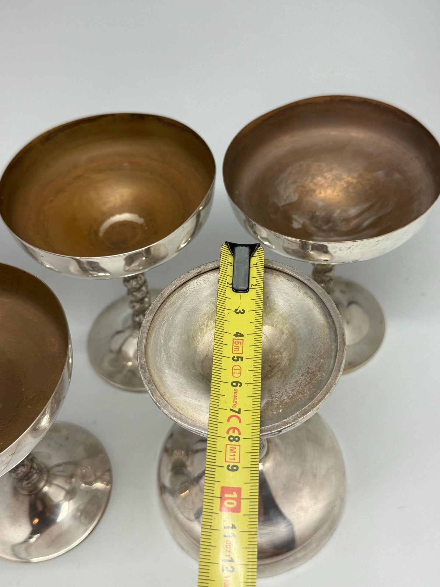 Vintage Silver Plated Brass Goblets – Set of 5 Champagne Coupes with Ornate Stems, Mid Century Barware, 14cm Tall