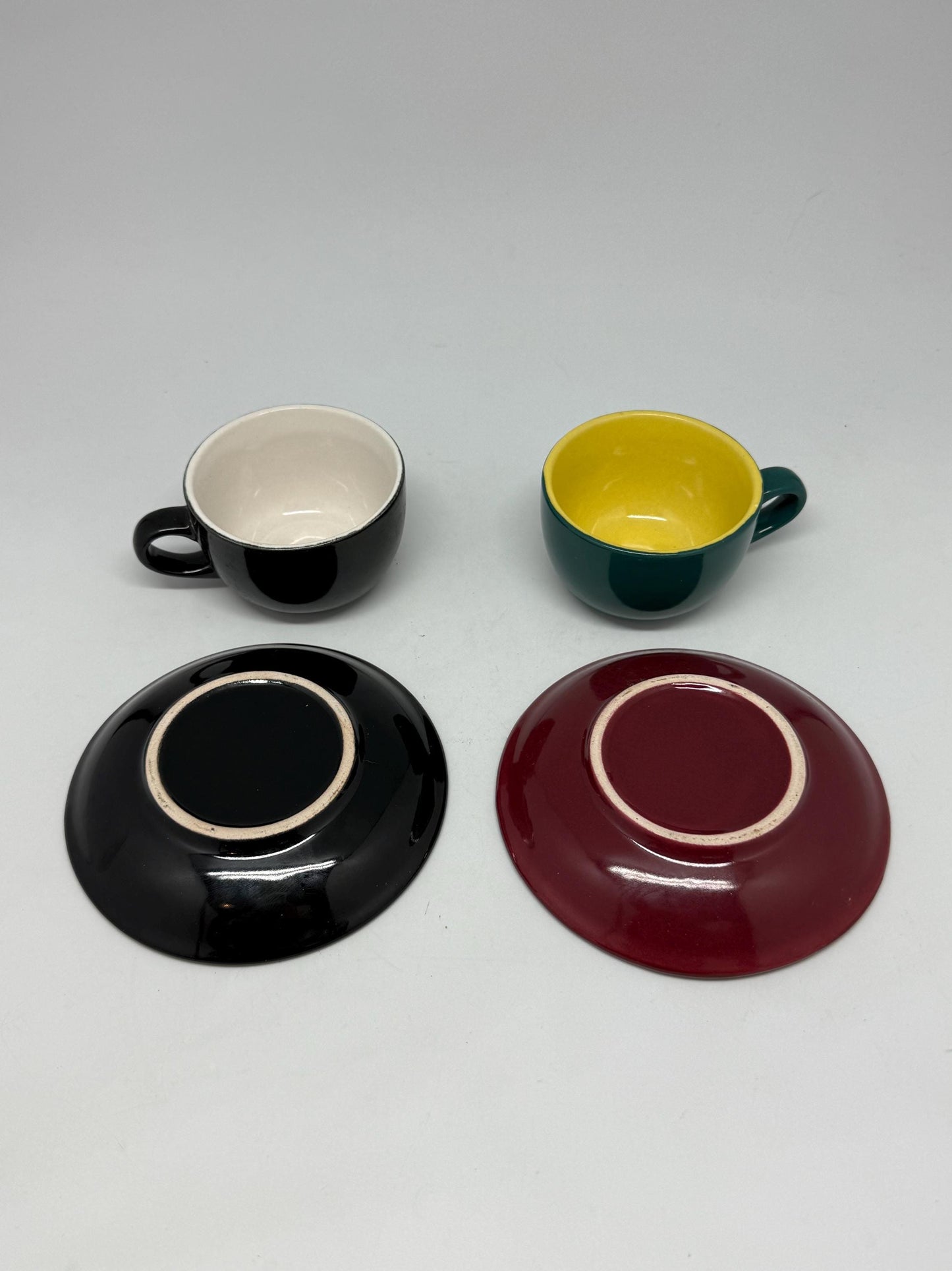 Colorful Ceramic Espresso Cups with Saucers – Set of 2, Retro Coffee Cups, 5cm Tall, Vintage Modern Style