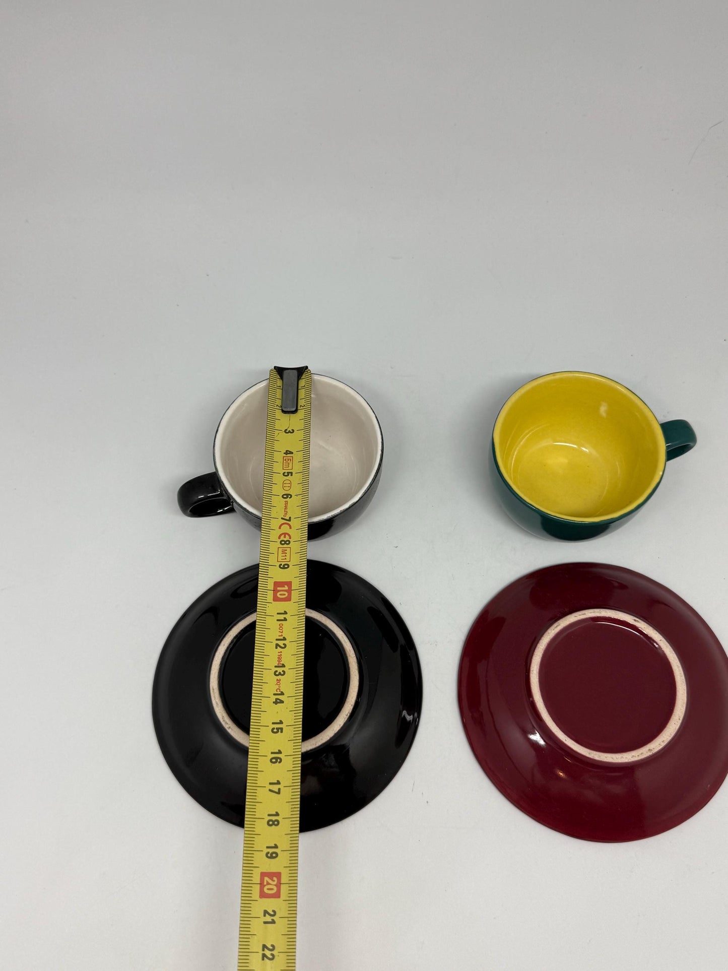 Colorful Ceramic Espresso Cups with Saucers – Set of 2, Retro Coffee Cups, 5cm Tall, Vintage Modern Style