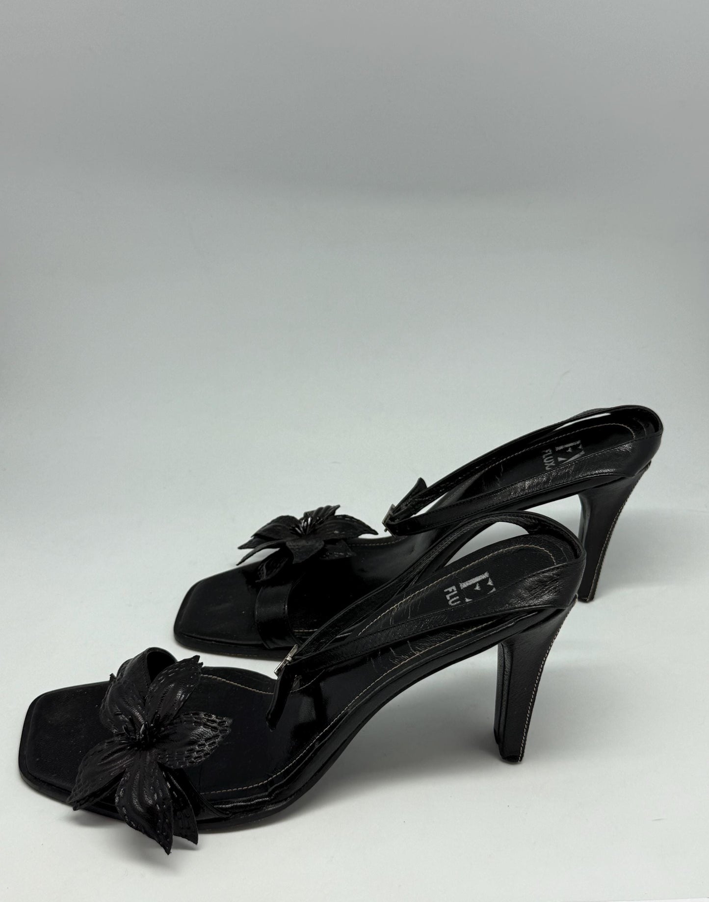 Y2K black leather flower heels – Fluxá Spain – real leather sandals – 9cm heel – size EU40 – square toe ankle strap shoes