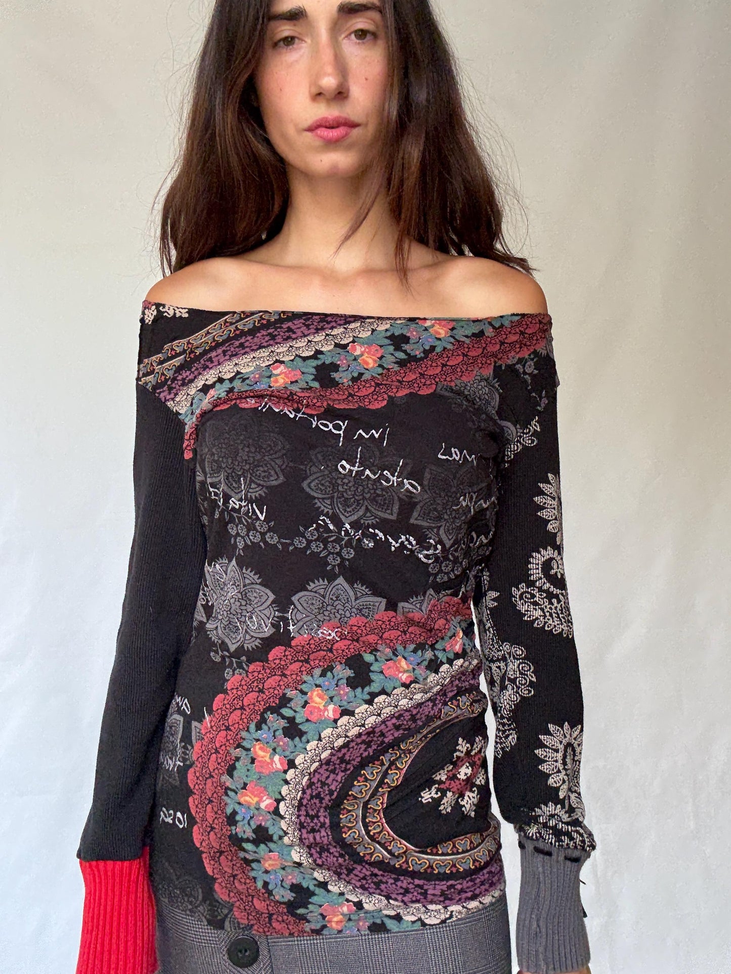 Bohemian Desigual Off-Shoulder Shirt with Vibrant Patterns in Cotton Blend, Fits Oversized and Flowy - Inspired by Hilary Duff Style, Size L