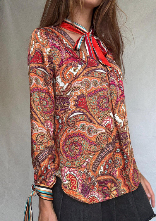 Paisley bow blouse by Ema Blue's – vintage-inspired long sleeve shirt with neck and wrist ties – size 2 retro print top