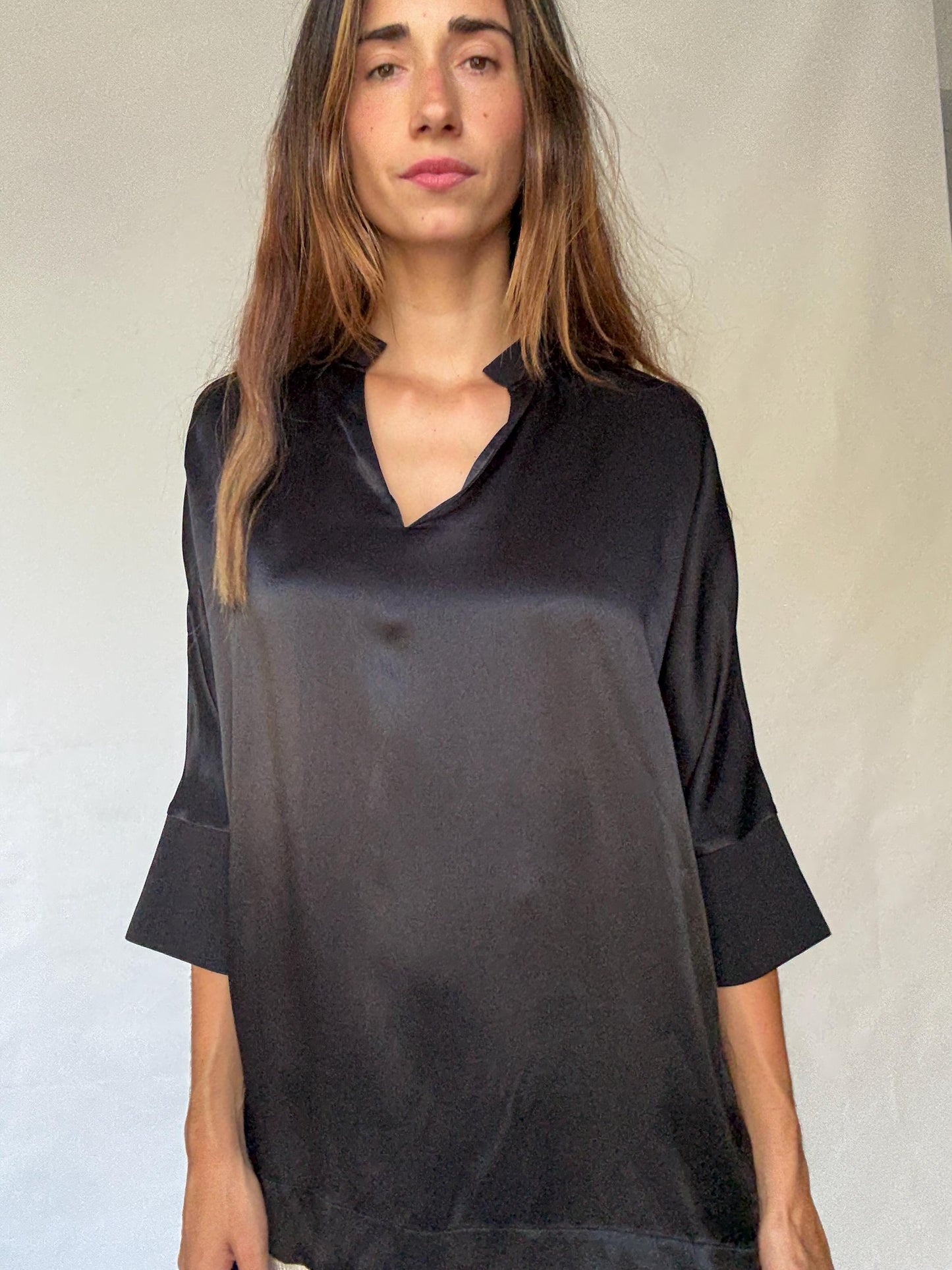 Adolfo Dominguez oversized satin black blouse with 3/4 sleeves, minimal neckline, modern size M