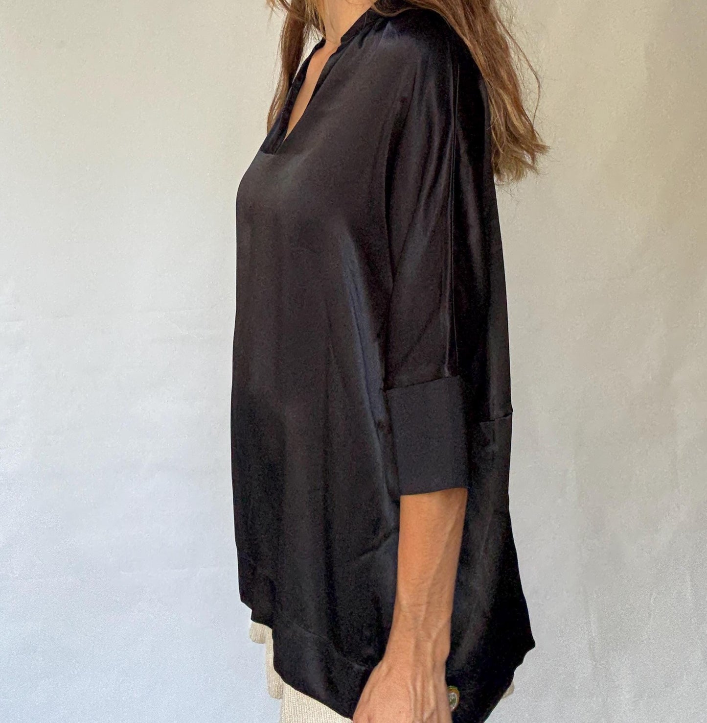 Adolfo Dominguez oversized satin black blouse with 3/4 sleeves, minimal neckline, modern size M