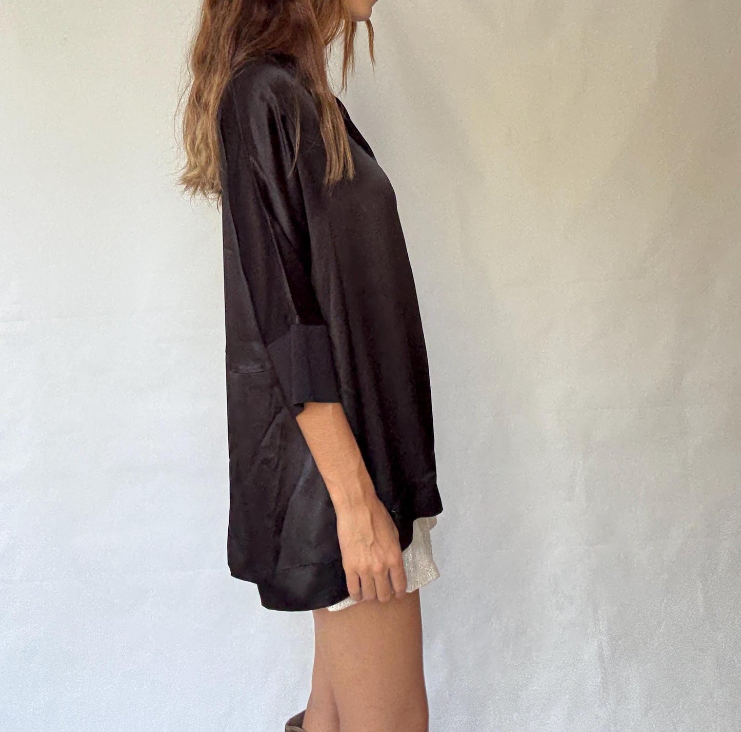 Adolfo Dominguez oversized satin black blouse with 3/4 sleeves, minimal neckline, modern size M