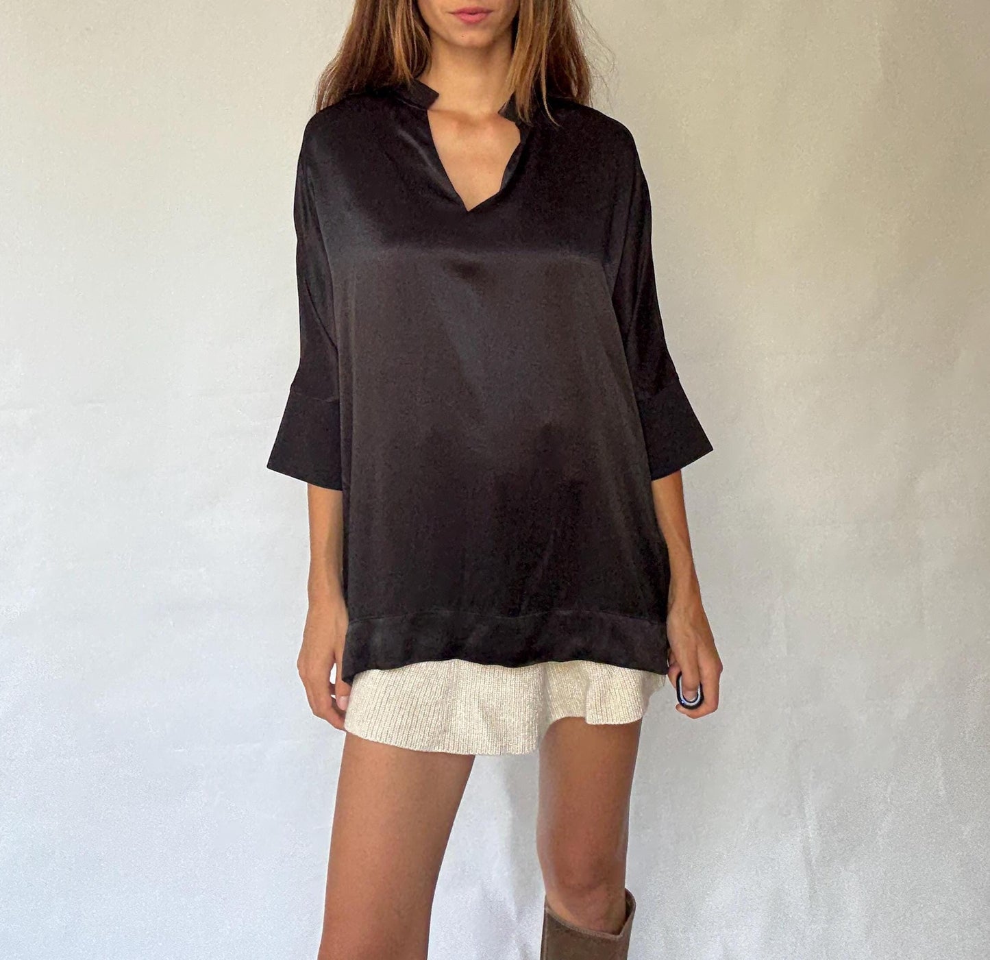 Adolfo Dominguez oversized satin black blouse with 3/4 sleeves, minimal neckline, modern size M
