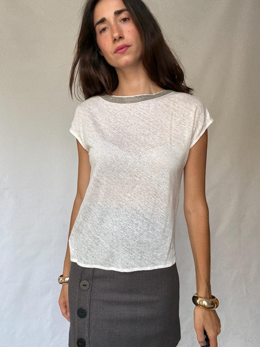Gorgeous Massimo Dutti White Women's Shirt with Beaded Neckline Detailing in Estimated Size S, sheer Casual Vintage Style,