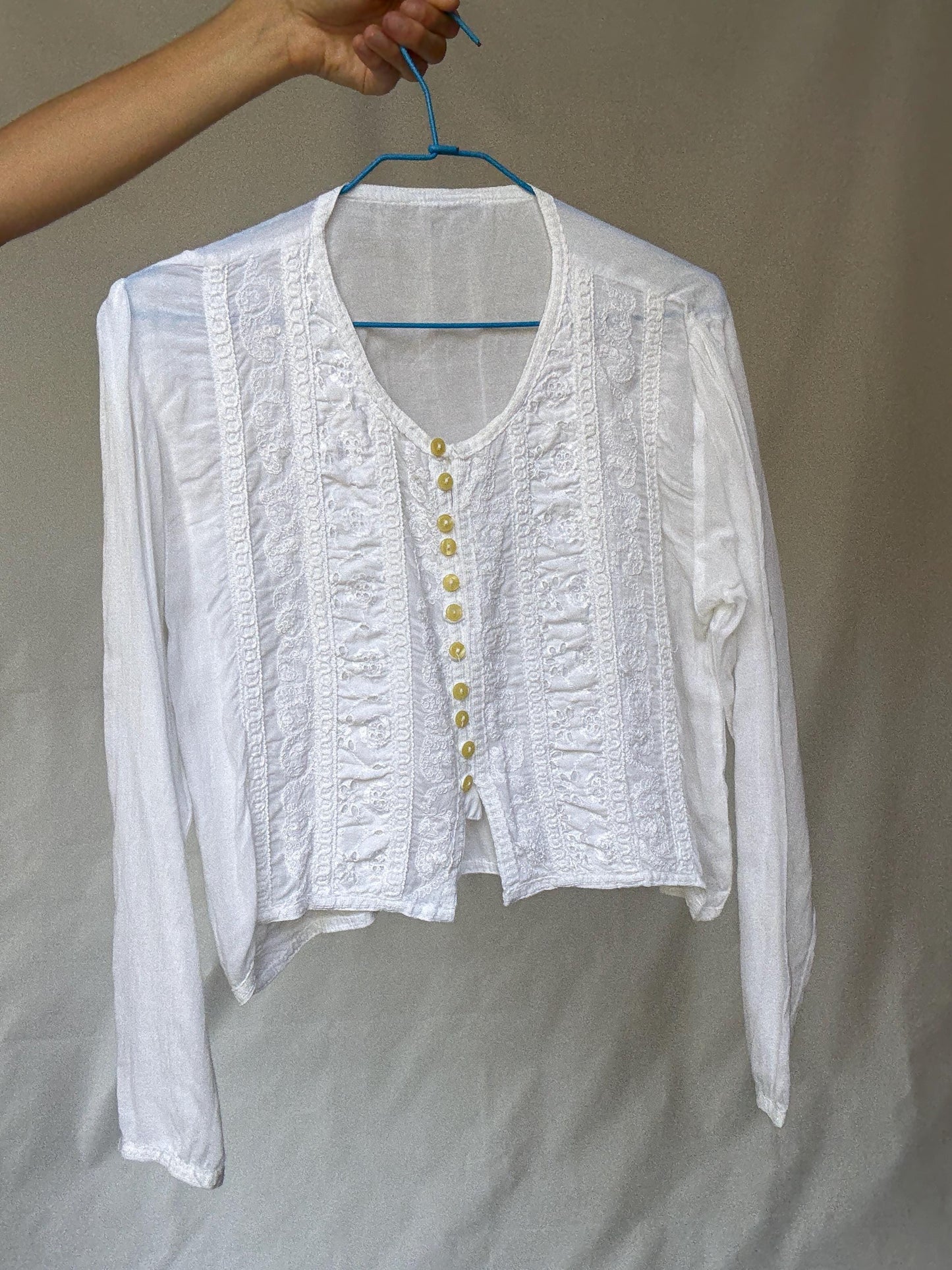 Classic Vintage-Inspired White Blouse with Lace Embroidery and Button Fastening, Light Academic Style by Keira Knightley