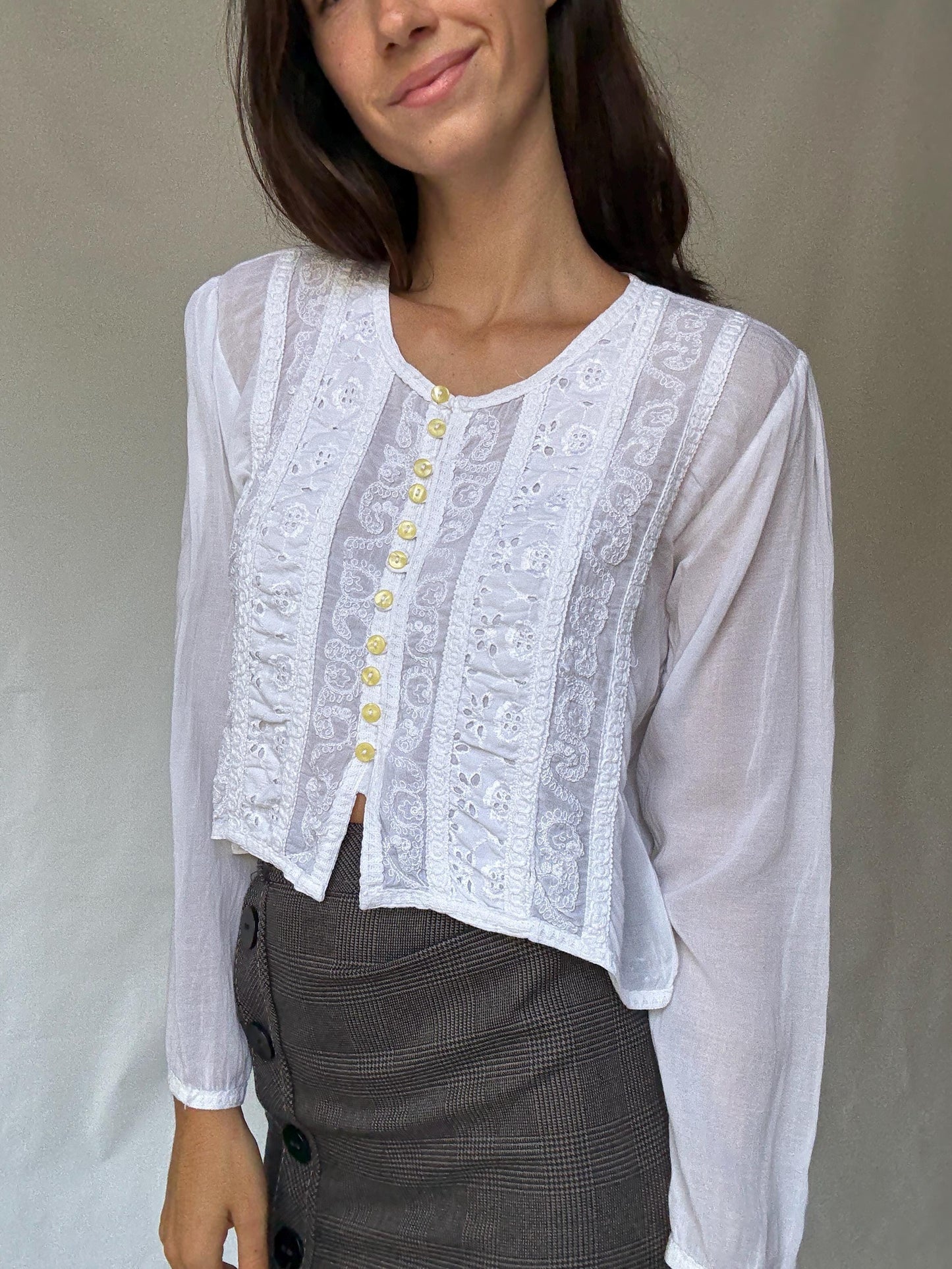 Classic Vintage-Inspired White Blouse with Lace Embroidery and Button Fastening, Light Academic Style by Keira Knightley