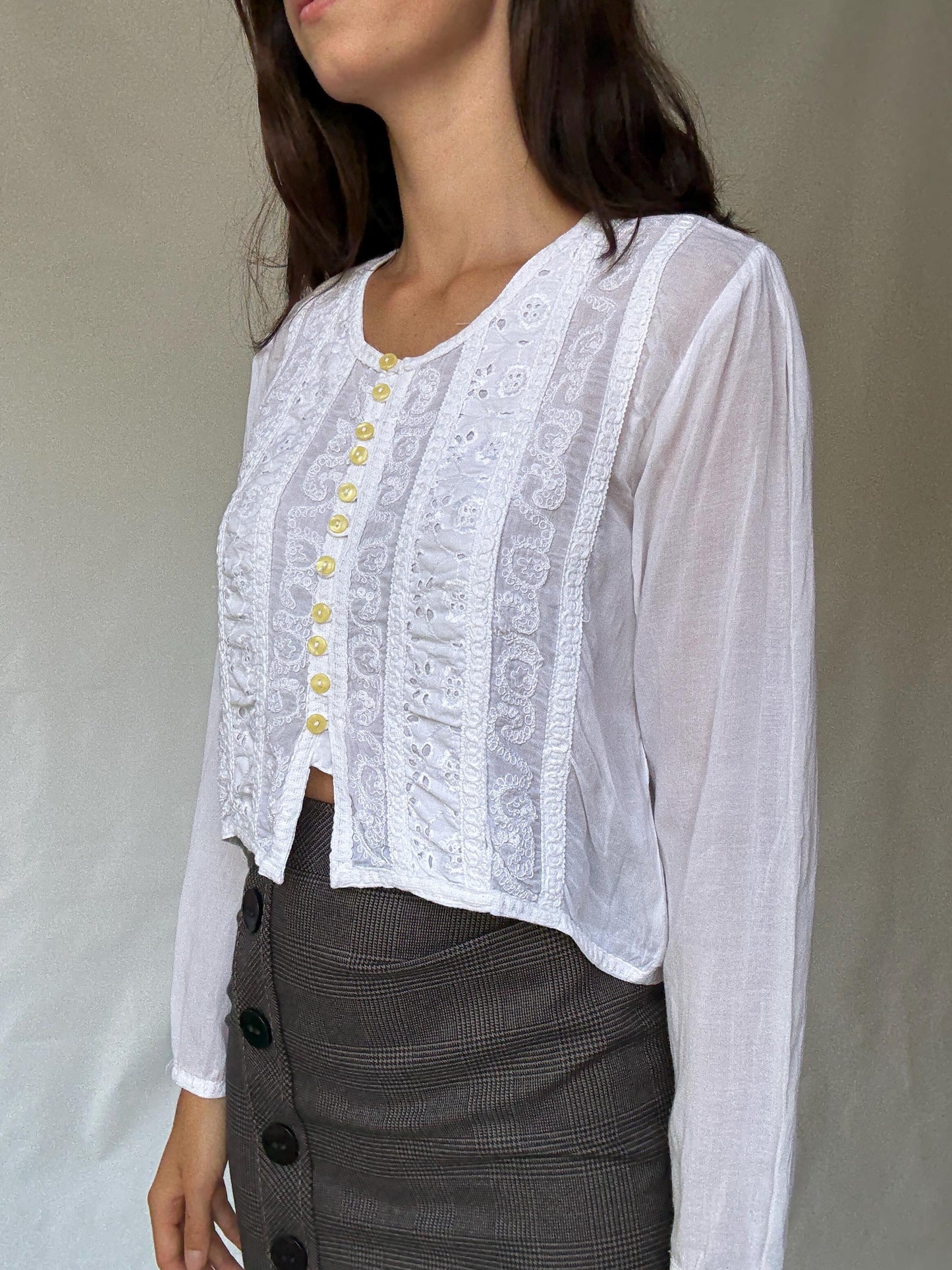 Classic Vintage-Inspired White Blouse with Lace Embroidery and Button Fastening, Light Academic Style by Keira Knightley