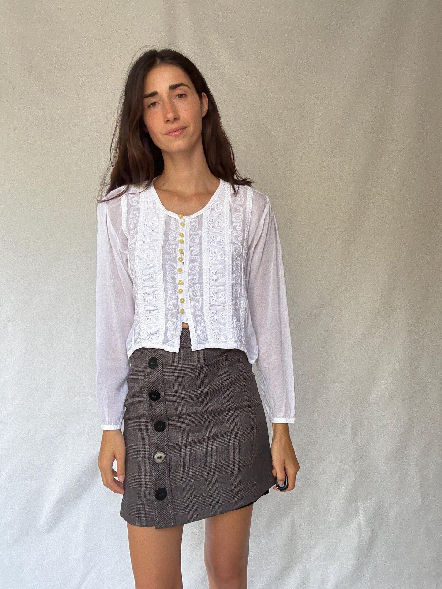Classic Vintage-Inspired White Blouse with Lace Embroidery and Button Fastening, Light Academic Style by Keira Knightley