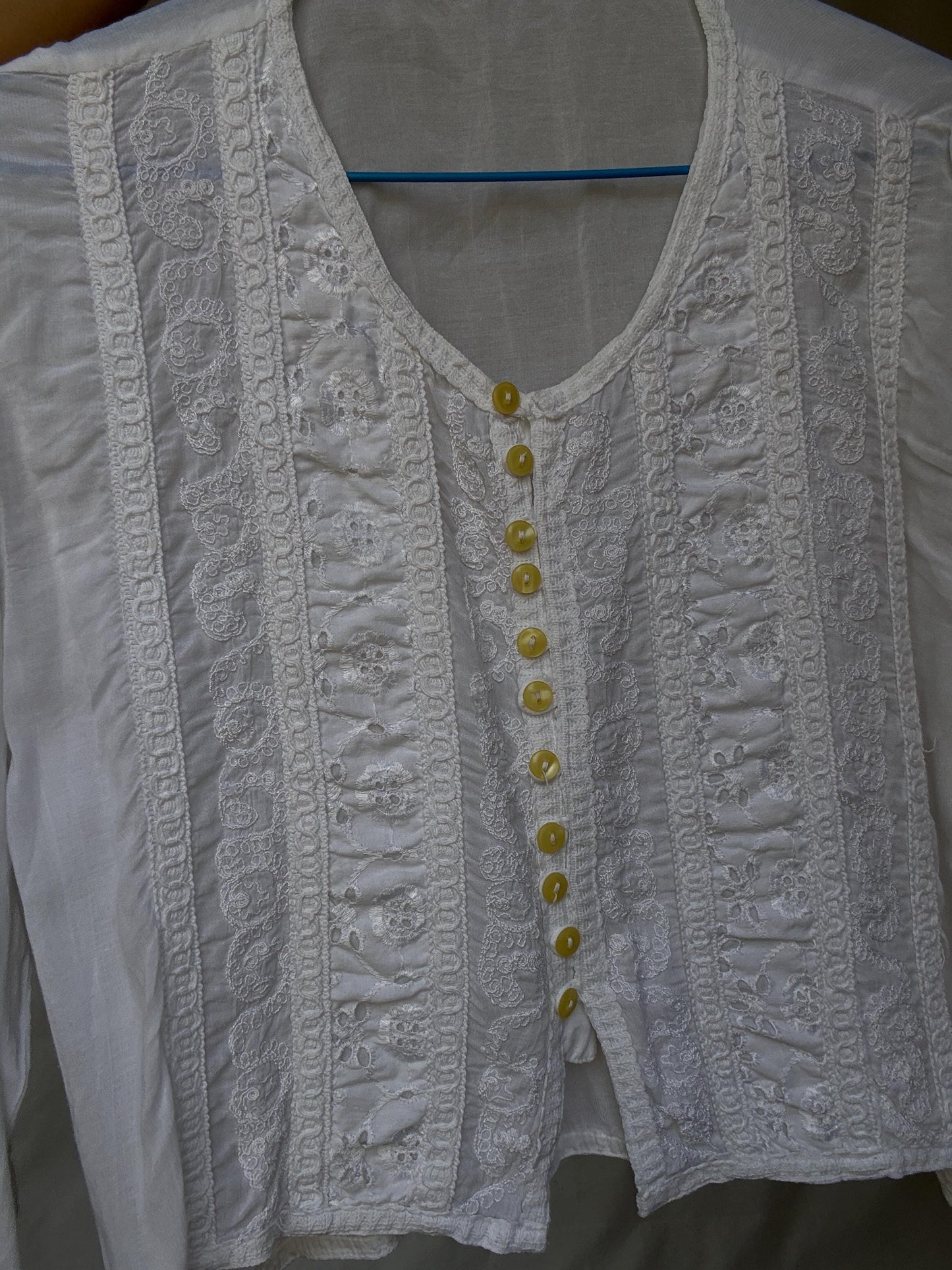 Classic Vintage-Inspired White Blouse with Lace Embroidery and Button Fastening, Light Academic Style by Keira Knightley