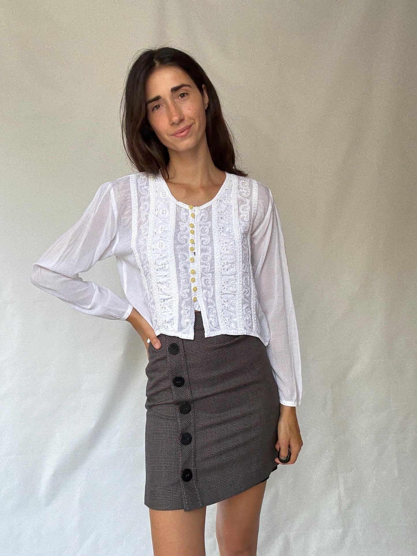 Classic Vintage-Inspired White Blouse with Lace Embroidery and Button Fastening, Light Academic Style by Keira Knightley