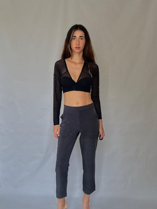 Cortefiel grey stretch trousers – check micro pattern, straight leg cropped fit, high waist, XL