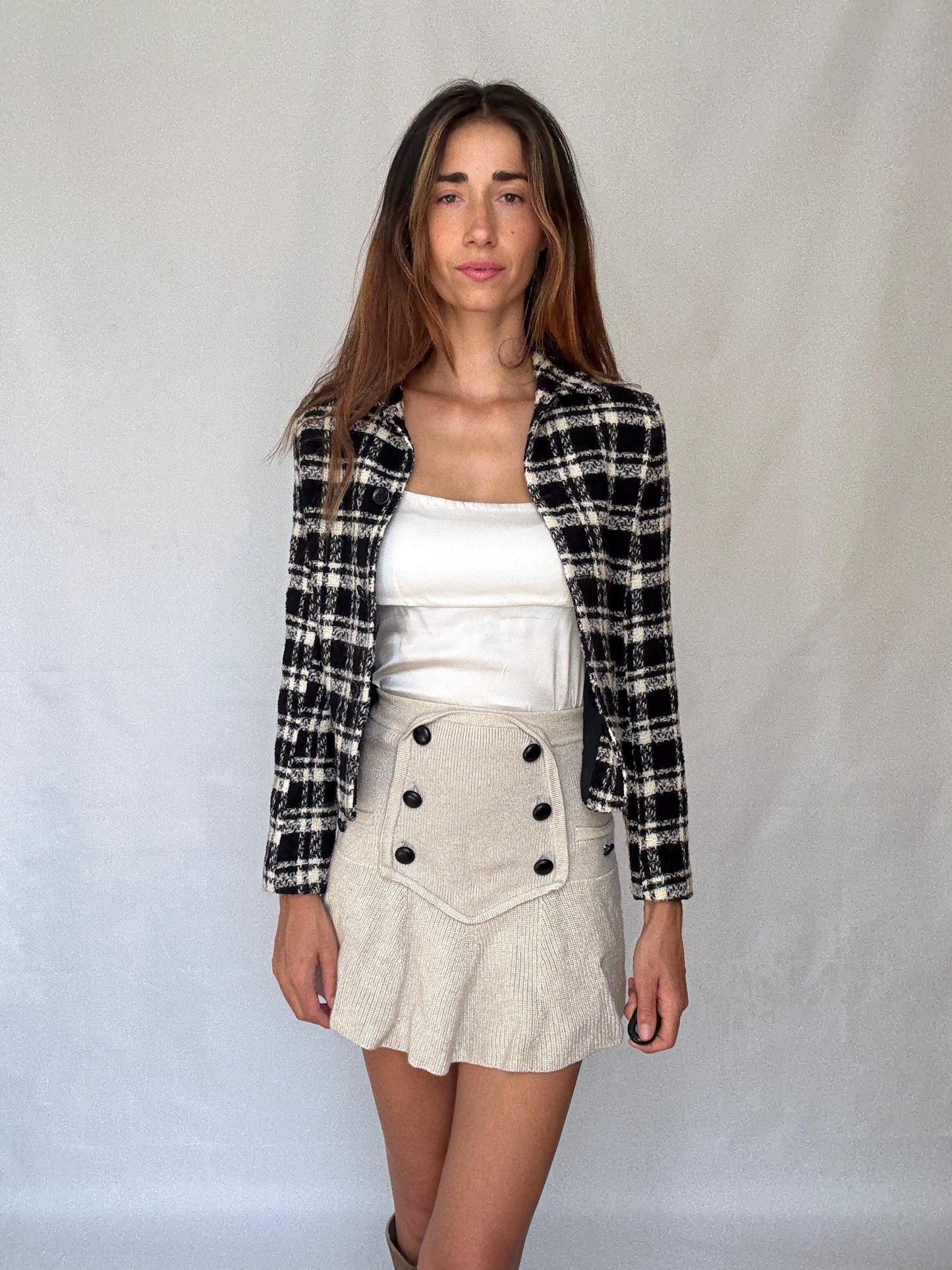 Wool Plaid Jacket – Black White Tweed Style Blazer – Vintage French Girl Aesthetic – Cropped Preppy Fall Coat – Size S