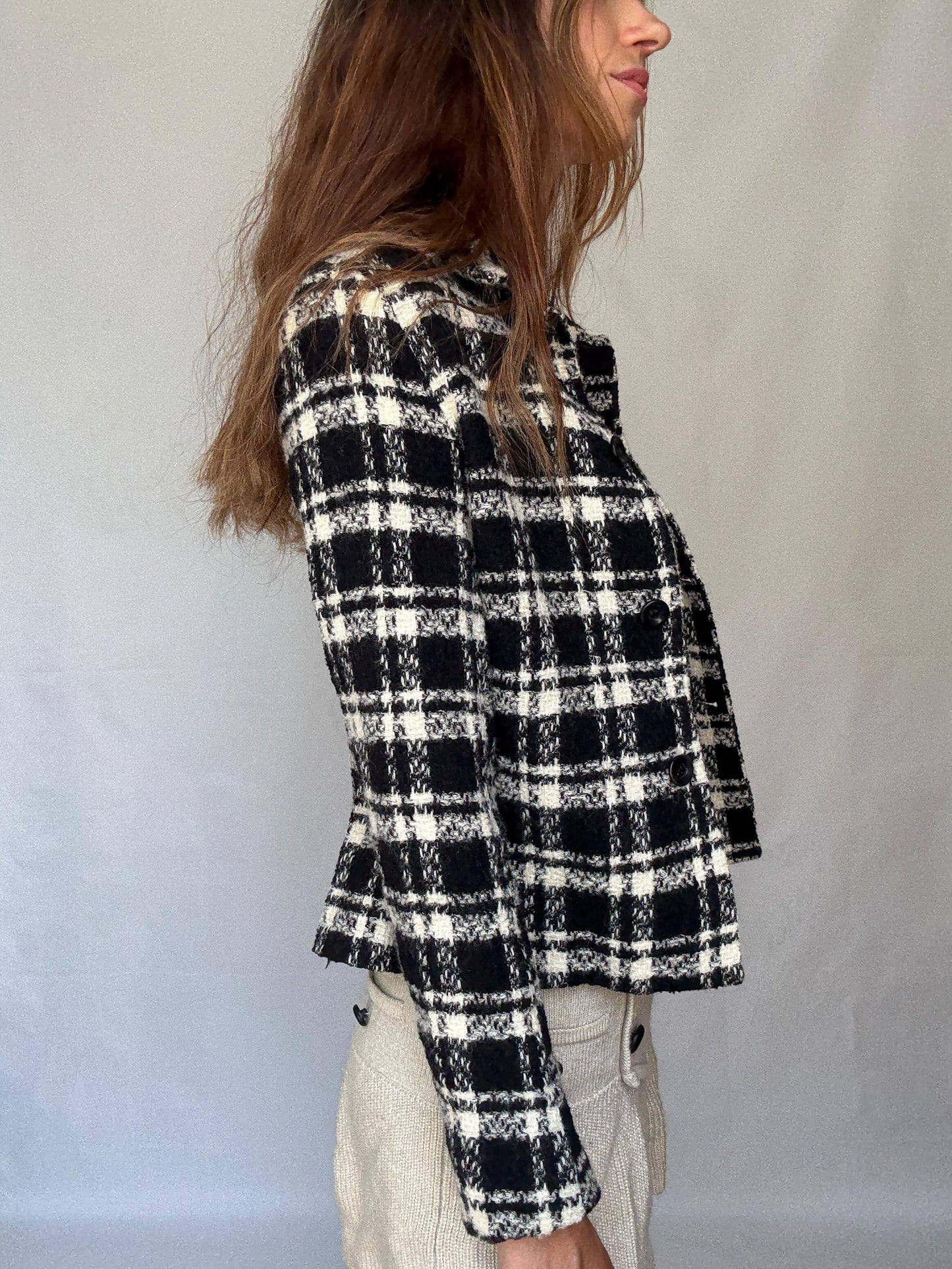 Wool Plaid Jacket – Black White Tweed Style Blazer – Vintage French Girl Aesthetic – Cropped Preppy Fall Coat – Size S