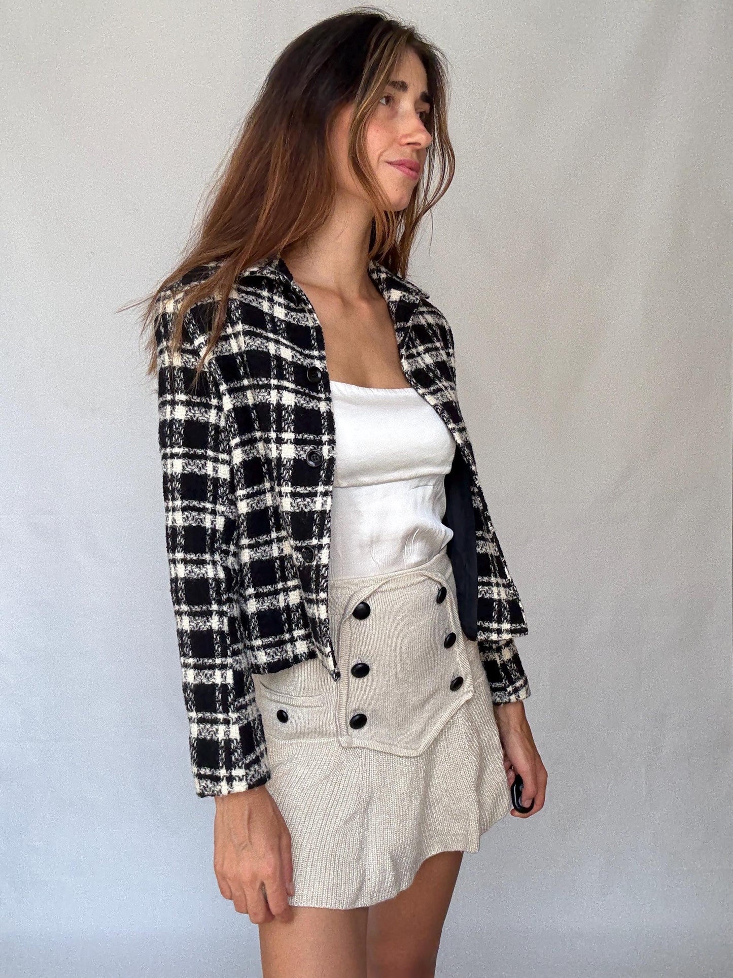 Wool Plaid Jacket – Black White Tweed Style Blazer – Vintage French Girl Aesthetic – Cropped Preppy Fall Coat – Size S