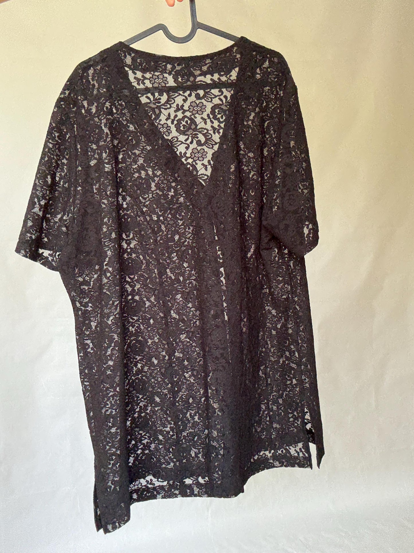 Vintage black lace button, up shirt, cotton feel, loose fit, floral sheer lace, romantic gothic, US L, versatile layering piece