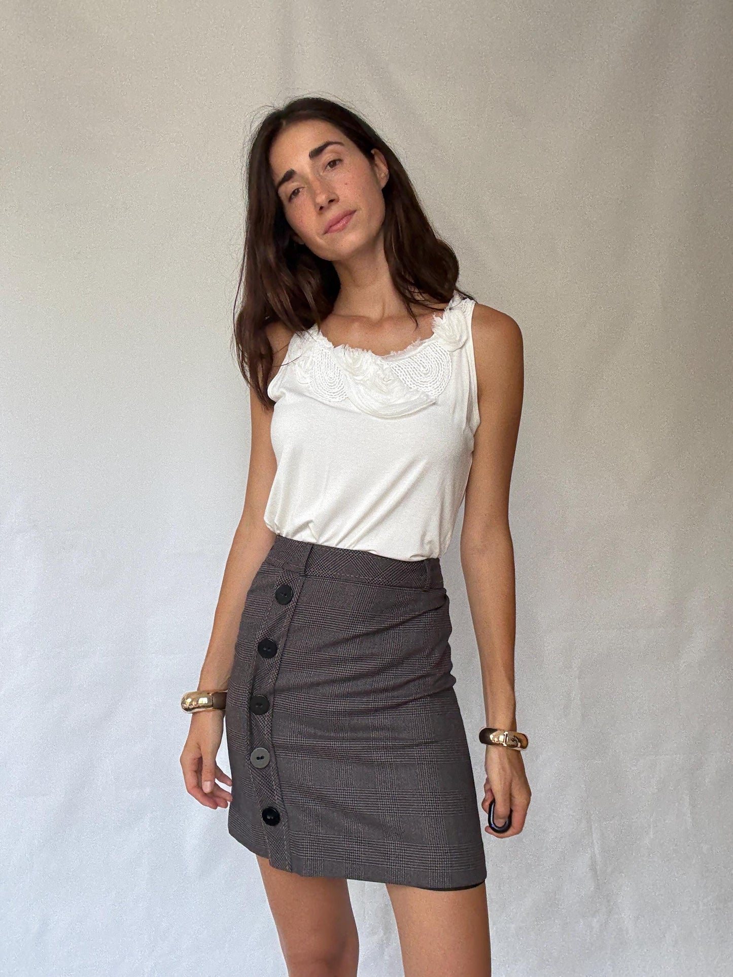 Zendra white camisole top, cotton feel, flowy fit, floral applique neckline, romantic chic, EU 46, casual everyday