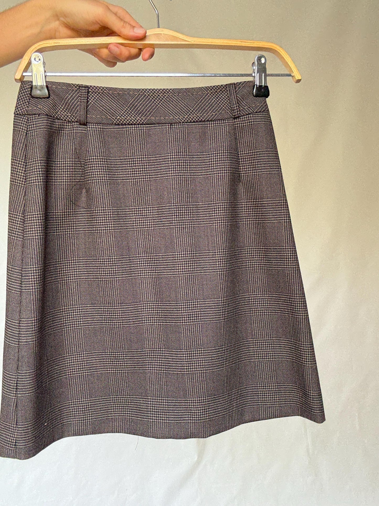 Caroll plaid skirt, wool blend, A line, button detail, vintage academia, US S, office chic