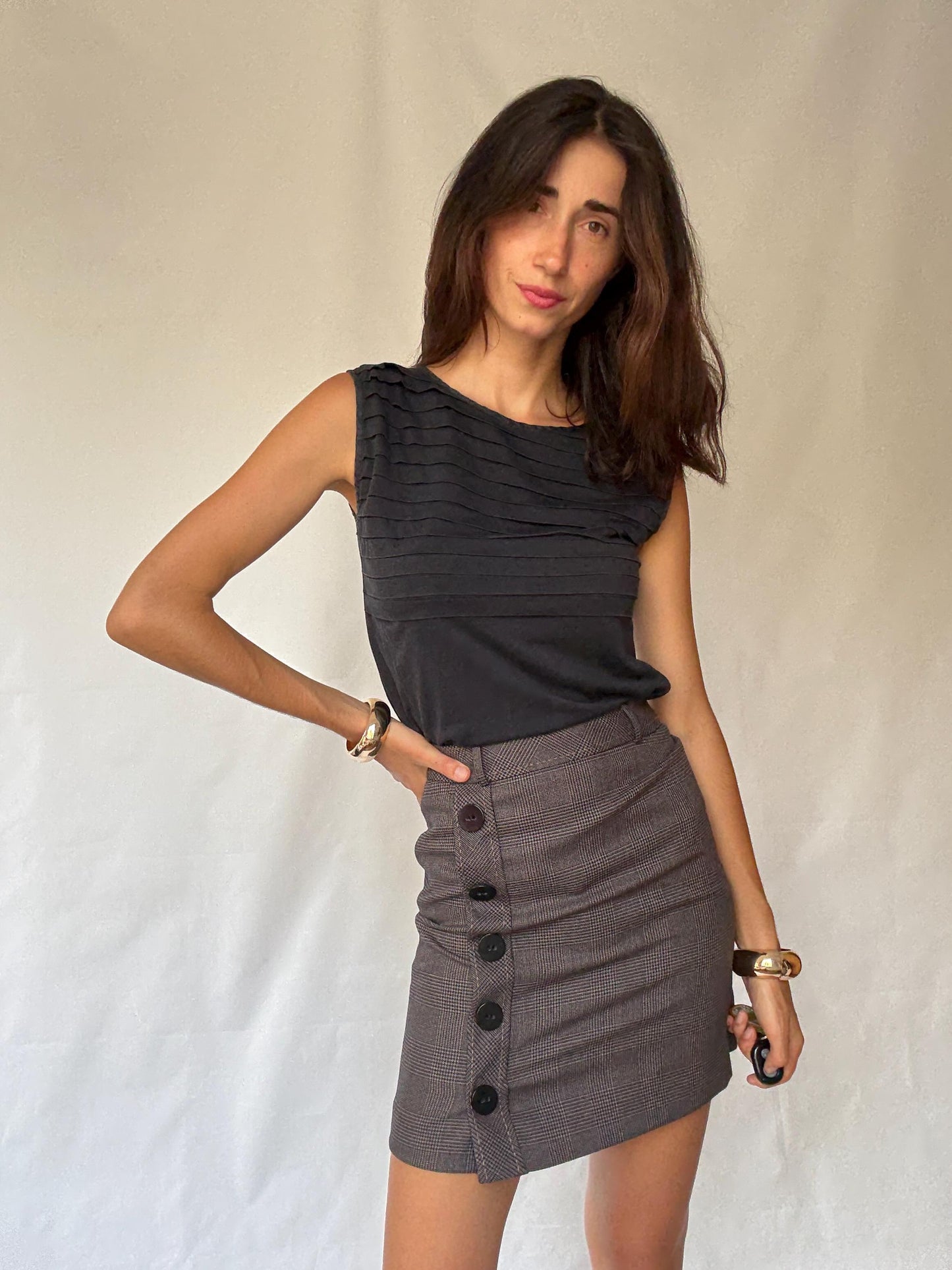 Caroll plaid skirt, wool blend, A line, button detail, vintage academia, US S, office chic
