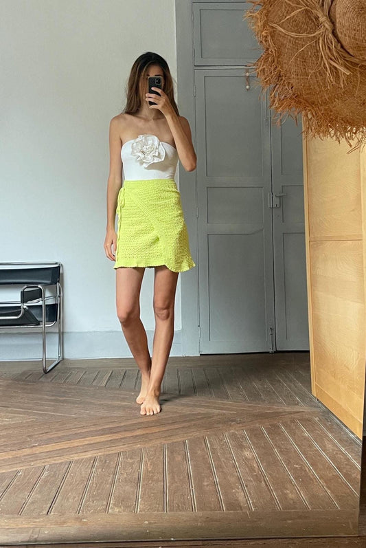 Handmade crochet summer pareo, Bikini beach wear, Lime green hand crocheted wrap skirt, Unique knit beach outfit