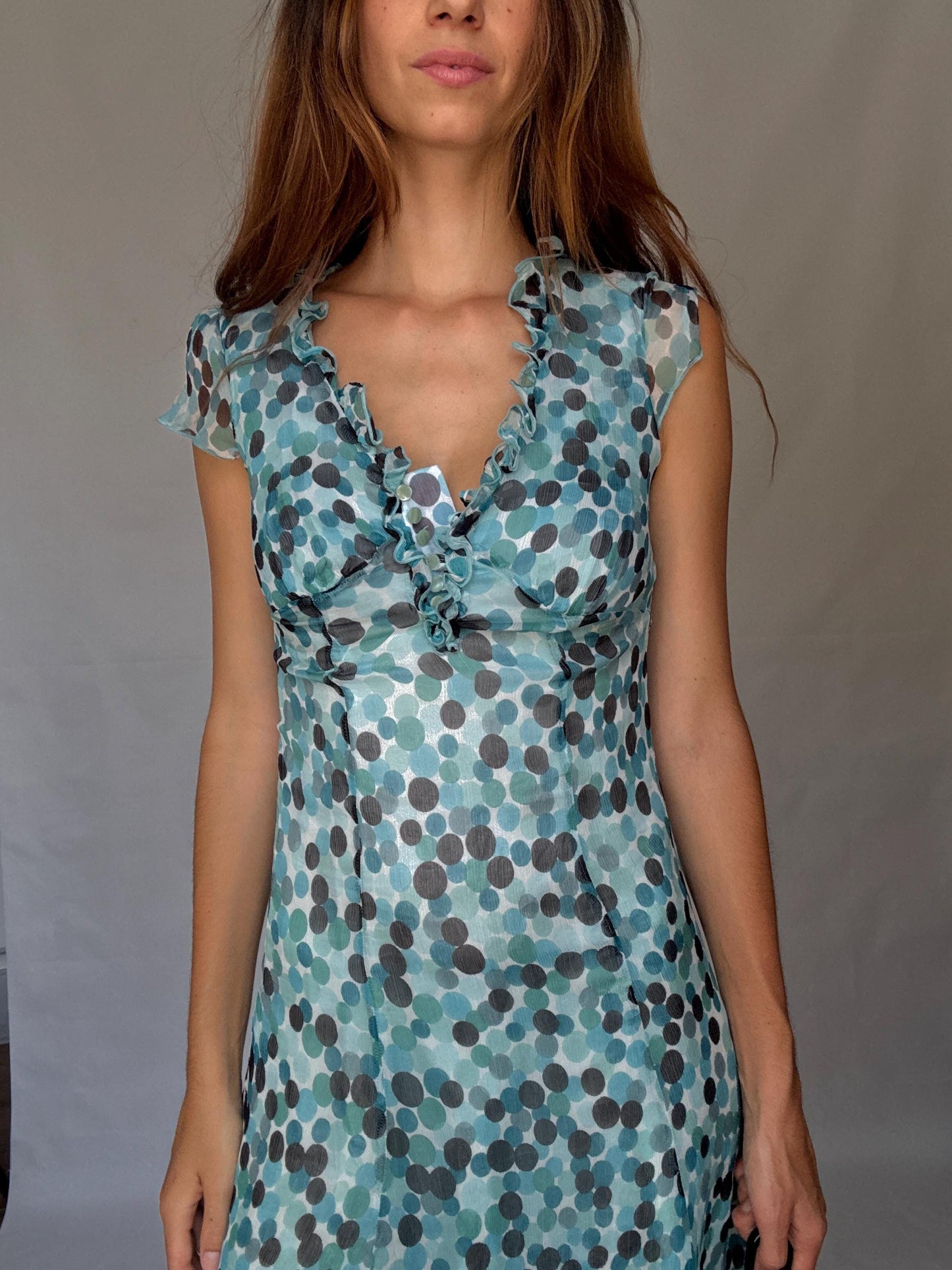 Caroll 100% silk polka dot ruffle neckline summer dress, lightweight blue grey dots, wedding guest outfit, size S
