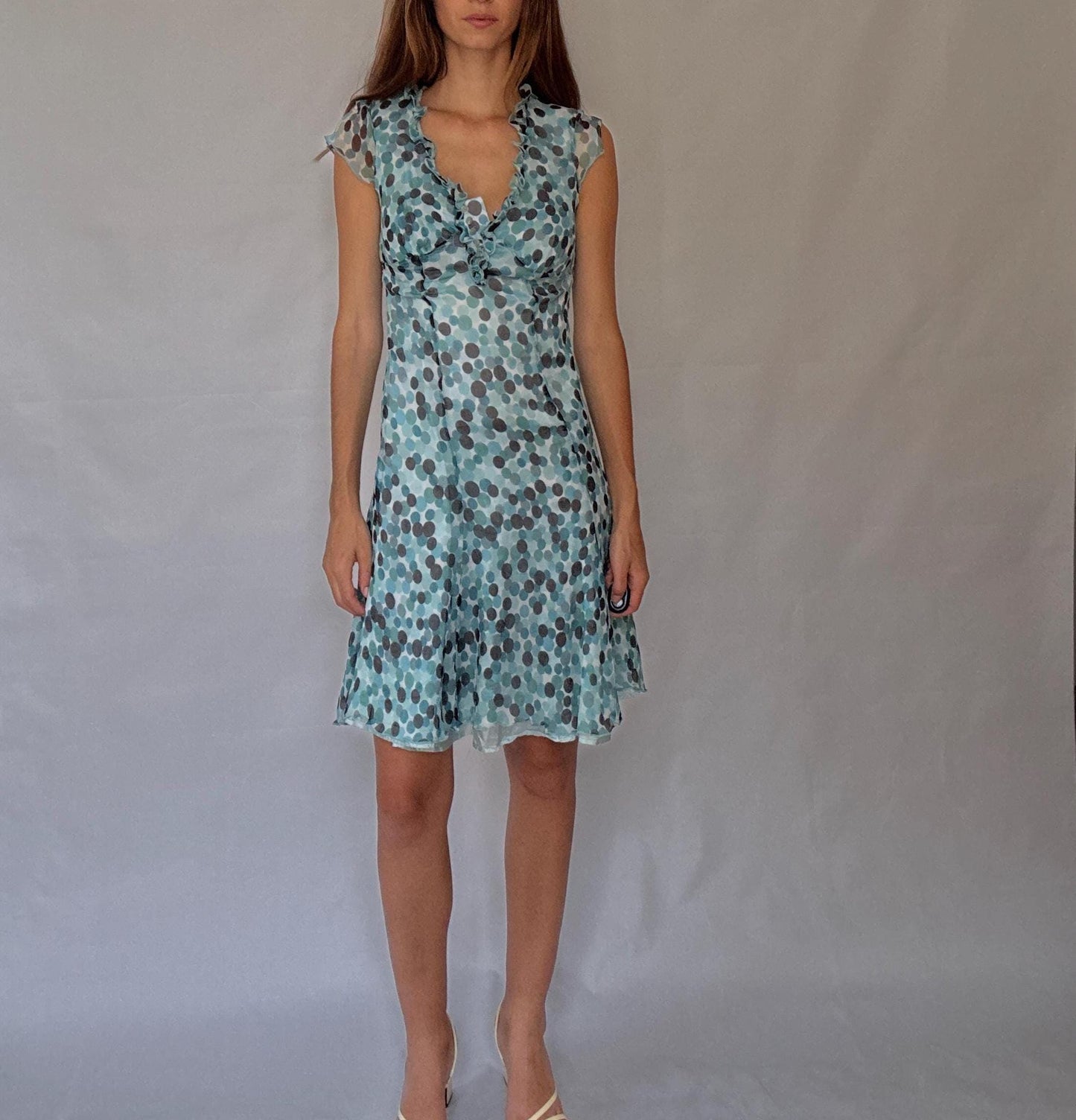 Caroll 100% silk polka dot ruffle neckline summer dress, lightweight blue grey dots, wedding guest outfit, size S