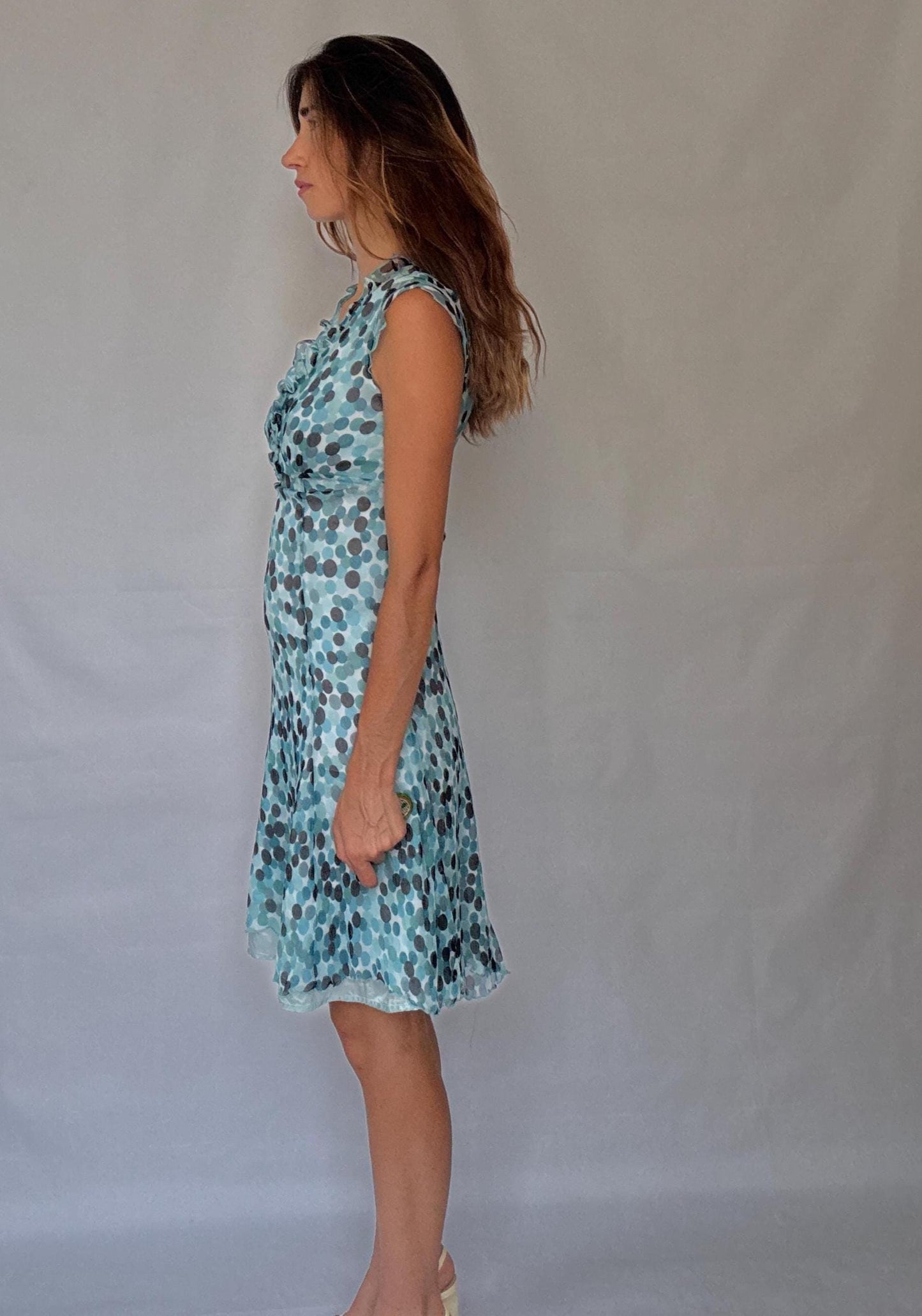 Caroll 100% silk polka dot ruffle neckline summer dress, lightweight blue grey dots, wedding guest outfit, size S