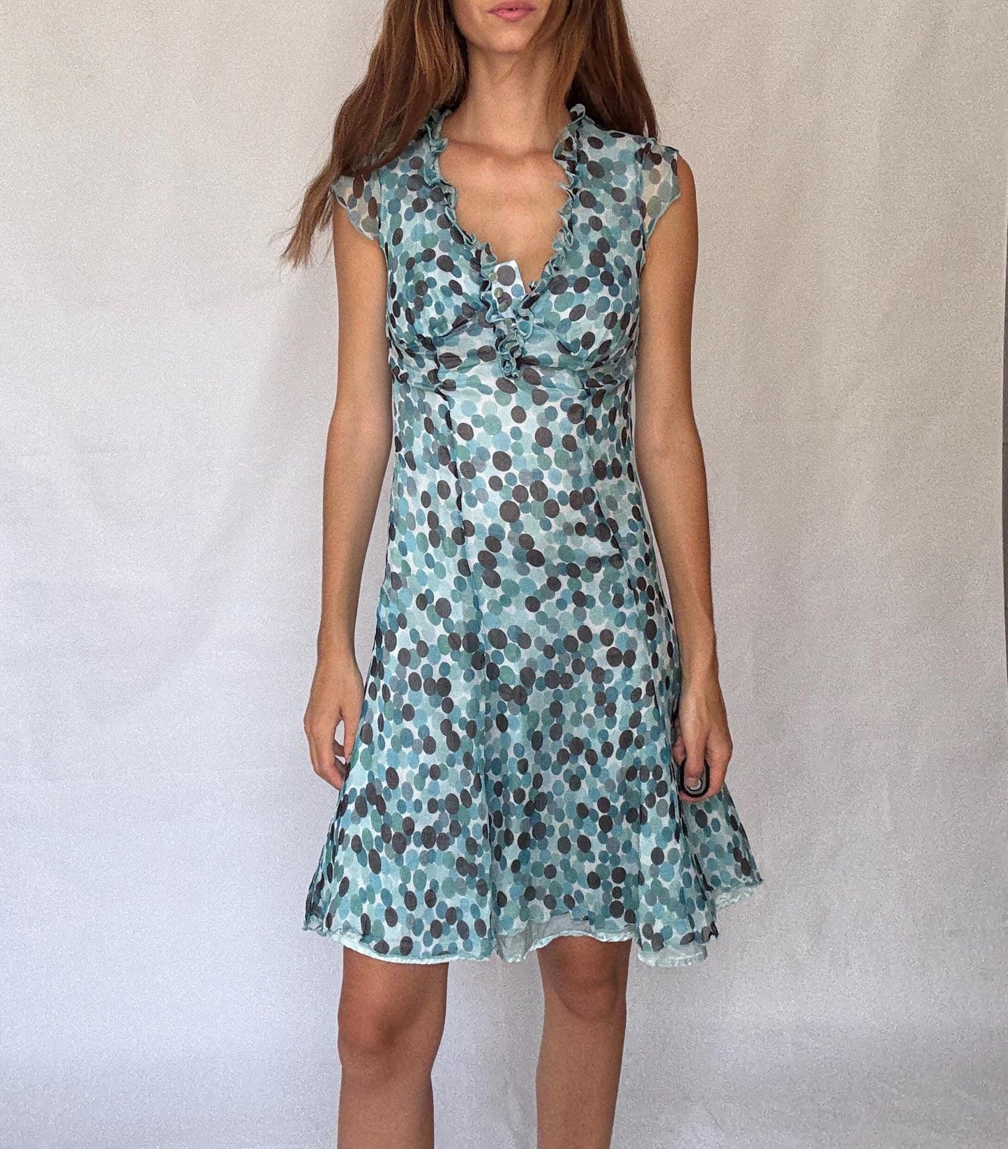 Caroll 100% silk polka dot ruffle neckline summer dress, lightweight blue grey dots, wedding guest outfit, size S