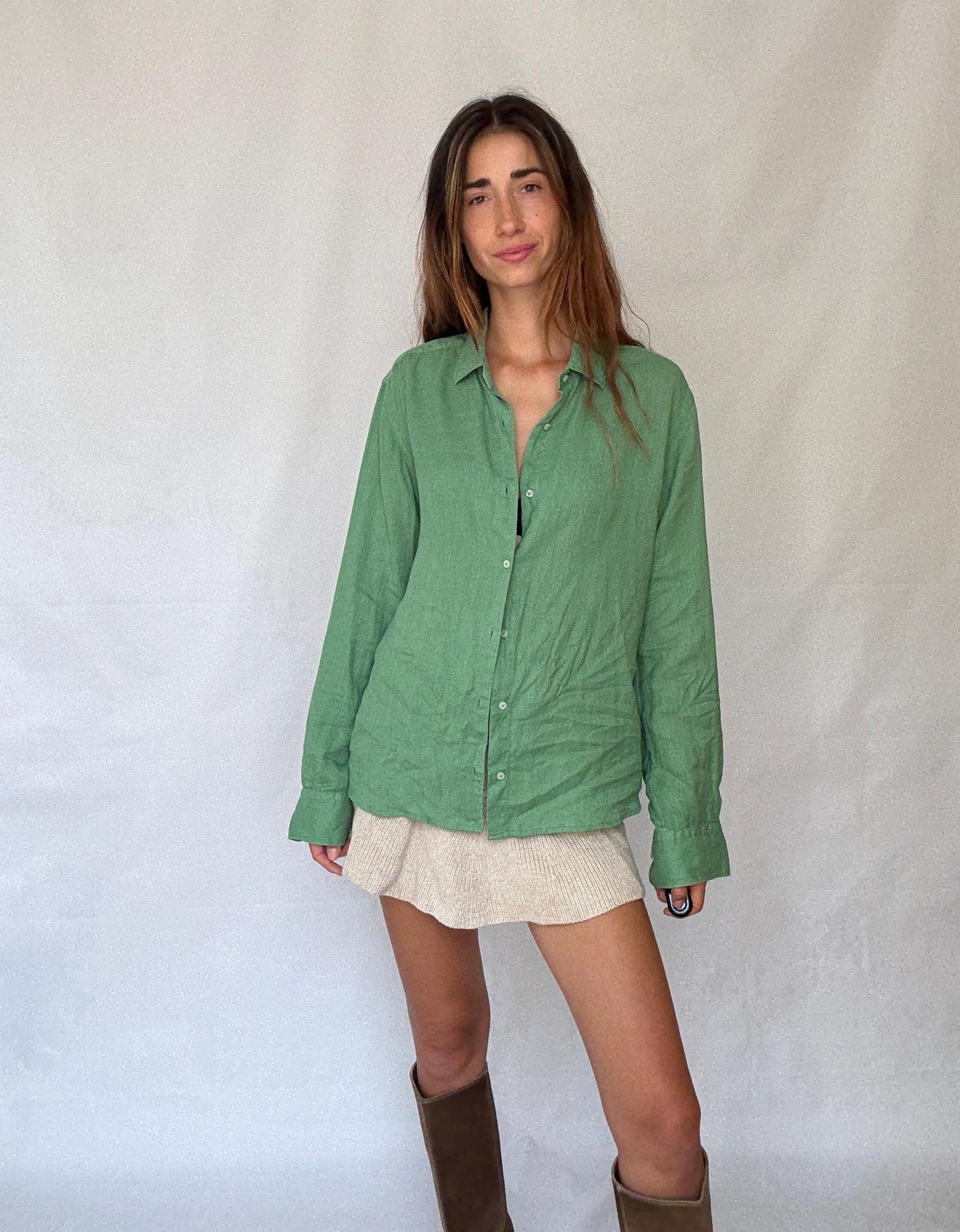 apple Green Massimo Dutti 100% linen shirt - Size EUR L – versatile unisex button-up in fresh trendy green, tie-front or classic fit