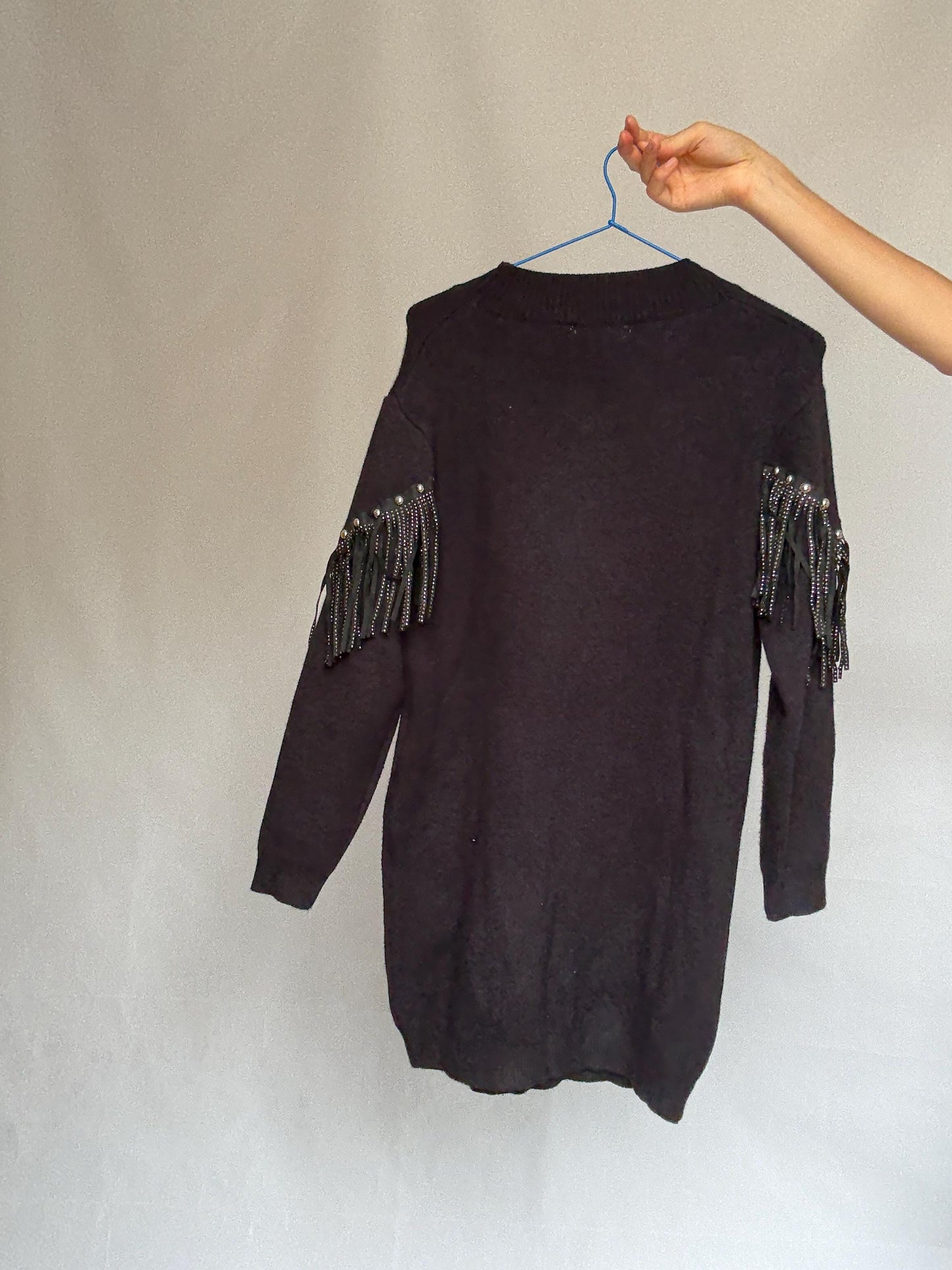 Western black mini dress, Embellished fringe short spring dress, Retro 90s vintage wear