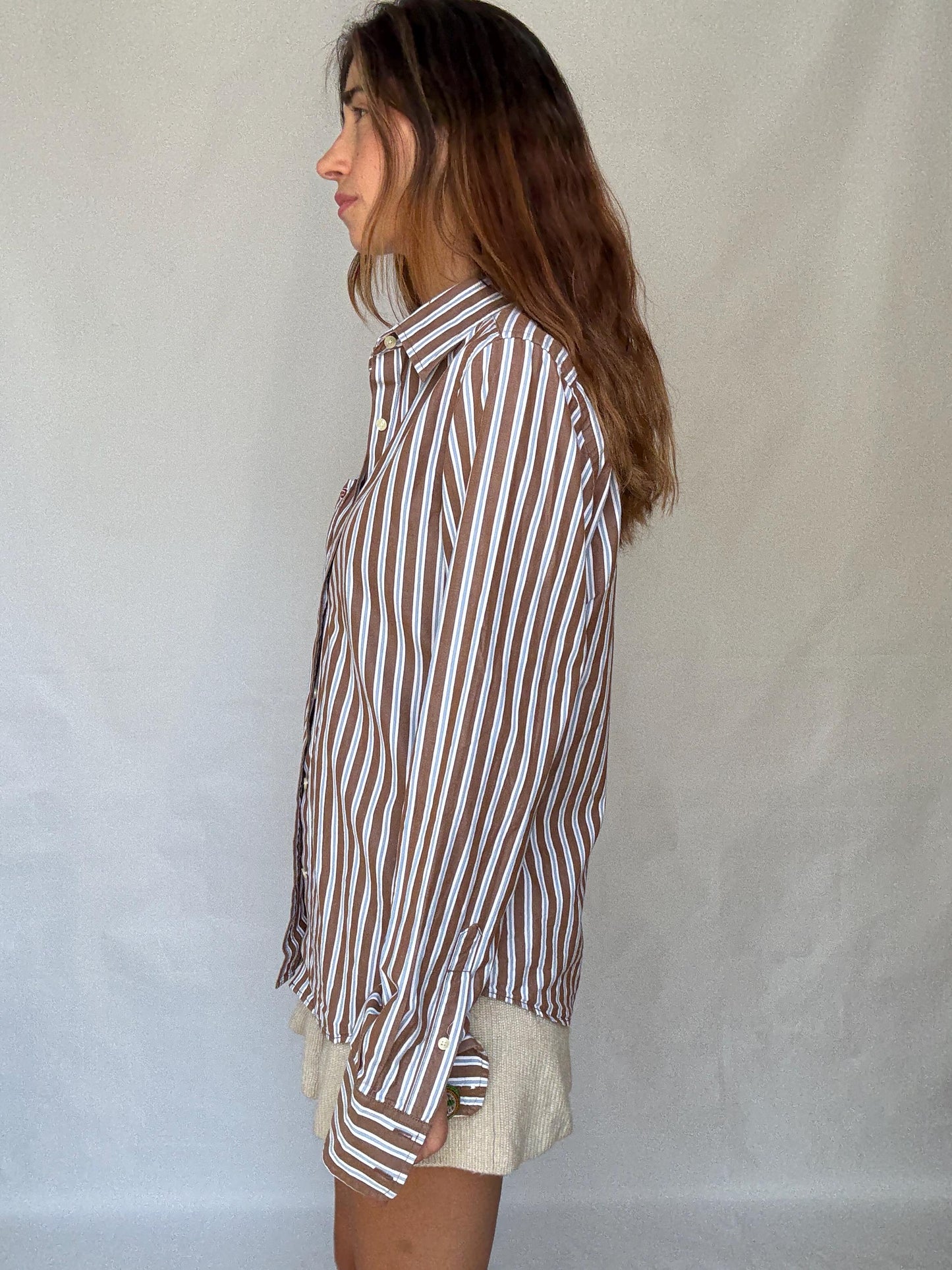Boyfriend button up shirt, Hollister California Striped Cotton Shirt | Brown Blue White | Size S Menswear | Oversized Boyfriend Unisex Fit