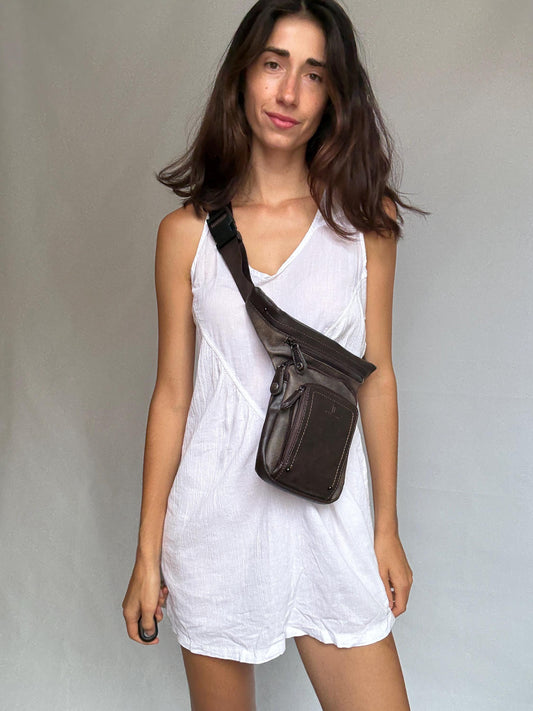 Brown leather crossbody belt bag, adjustable strap, double zip, versatile casual use fanny pack