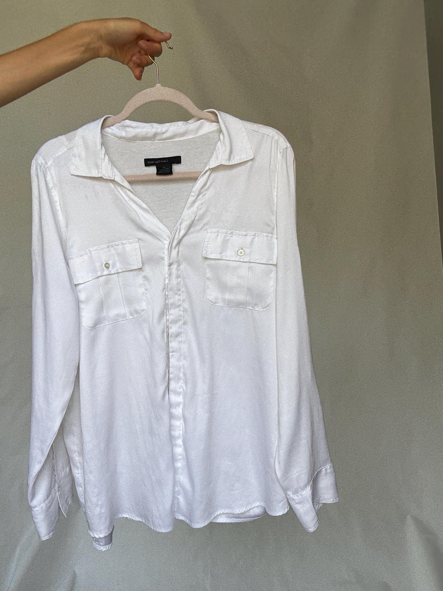 Calvin Klein Jeans white button-up shirt M | shiny front jersey back | Men long sleeve designer clothing
