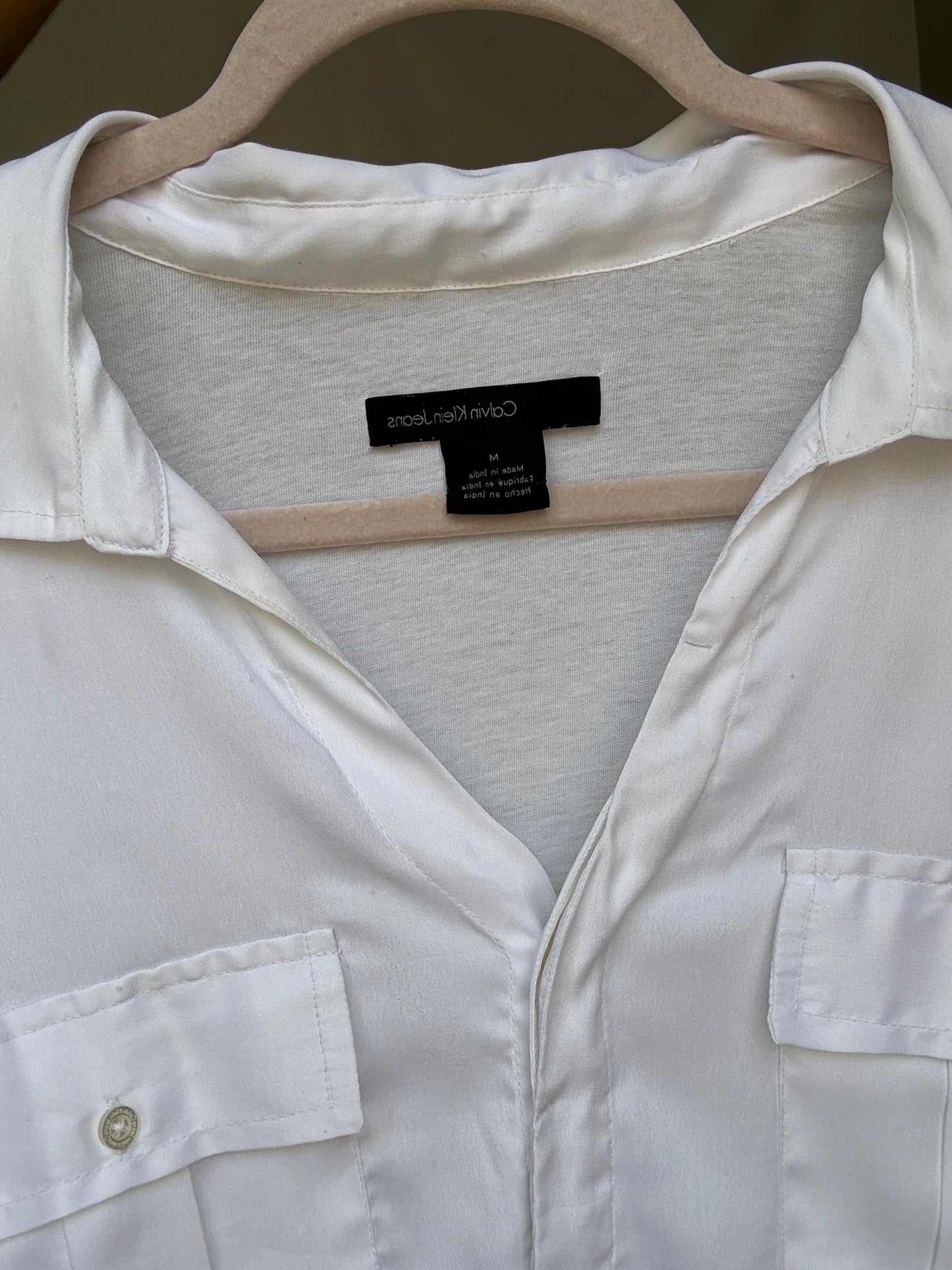 Calvin Klein Jeans white button-up shirt M | shiny front jersey back | Men long sleeve designer clothing