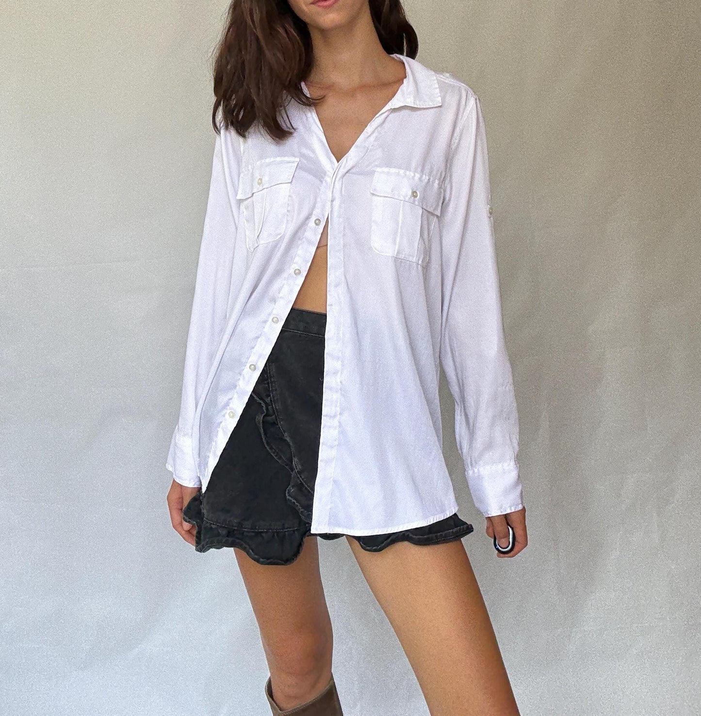 Calvin Klein Jeans white button-up shirt M | shiny front jersey back | Men long sleeve designer clothing