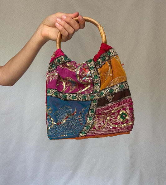 Colorful boho sequin handbag | bamboo top handle festival purse | embroidered patchwork bag | summer gypsy hippie style accessory