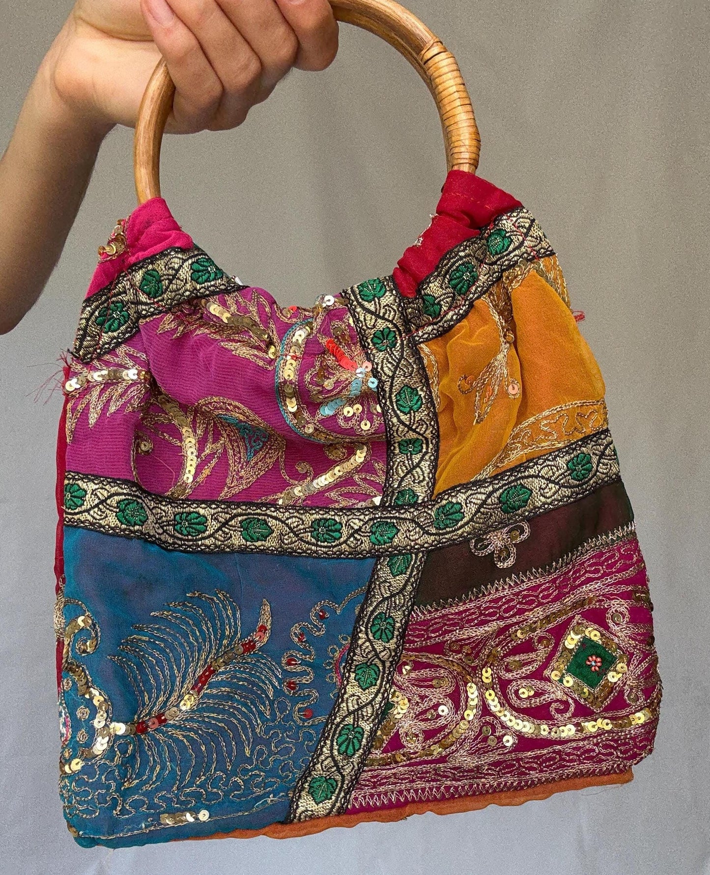 Colorful boho sequin handbag | bamboo top handle festival purse | embroidered patchwork bag | summer gypsy hippie style accessory