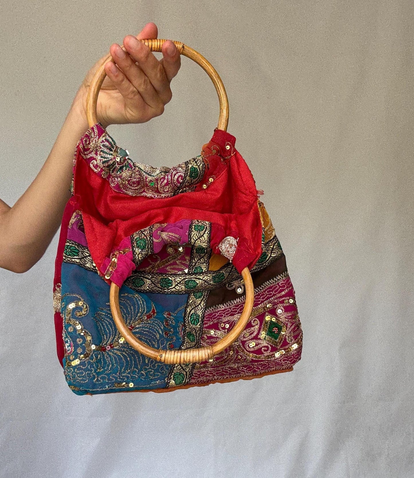 Colorful boho sequin handbag | bamboo top handle festival purse | embroidered patchwork bag | summer gypsy hippie style accessory