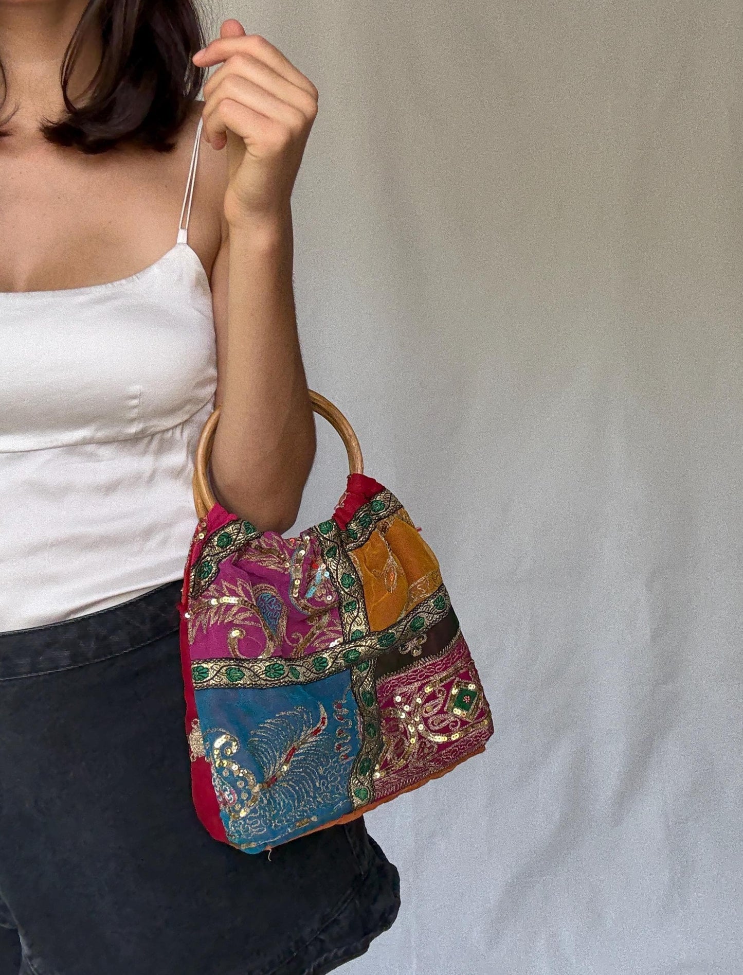 Colorful boho sequin handbag | bamboo top handle festival purse | embroidered patchwork bag | summer gypsy hippie style accessory